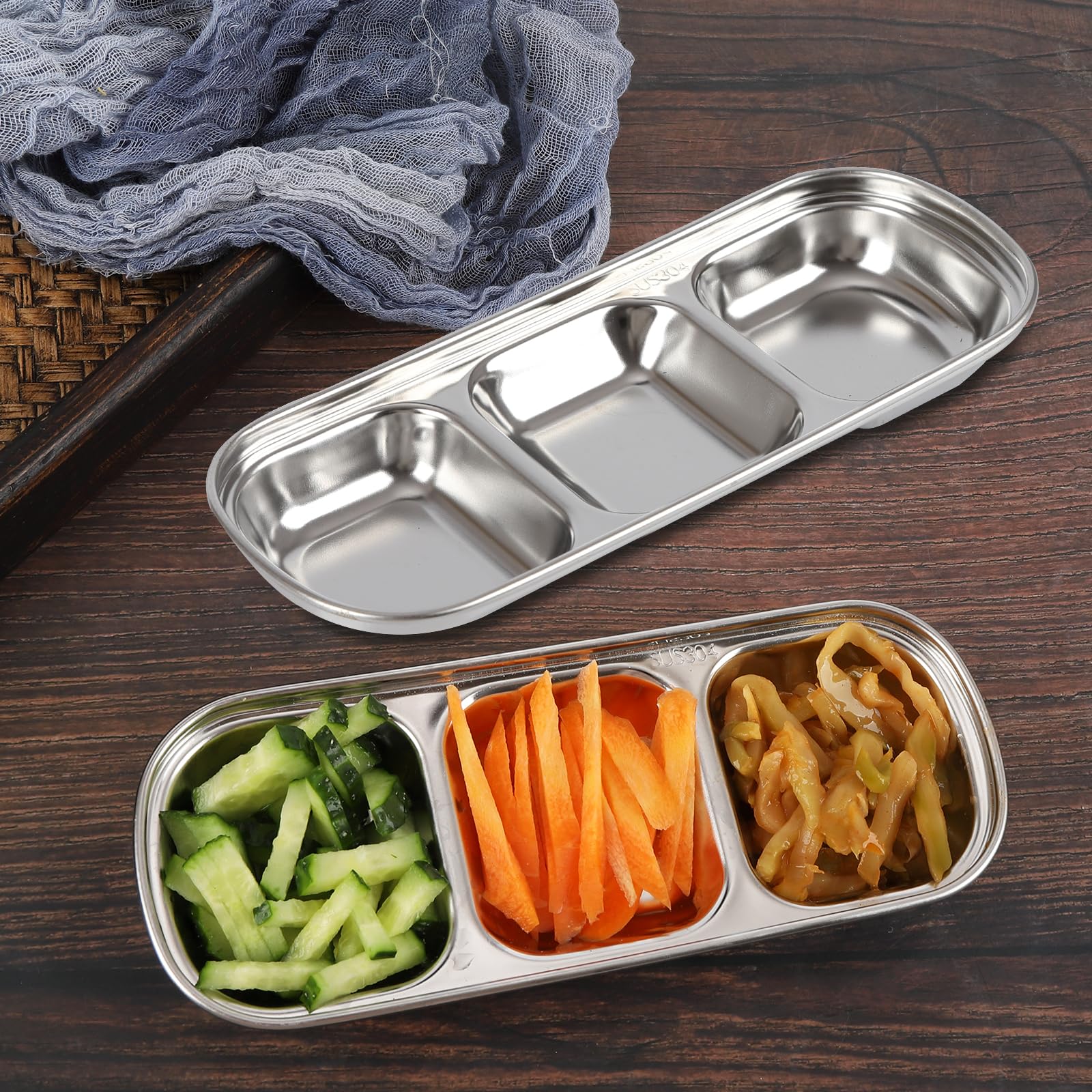 Lot de 18 bols à sauce soja en acier inoxydable divisés - Assiettes à sauce coréennes à 3 compartiments pour maison, restaurant, barbecue, vinaigre, épices, ketchup, sel, sucre et saveurs