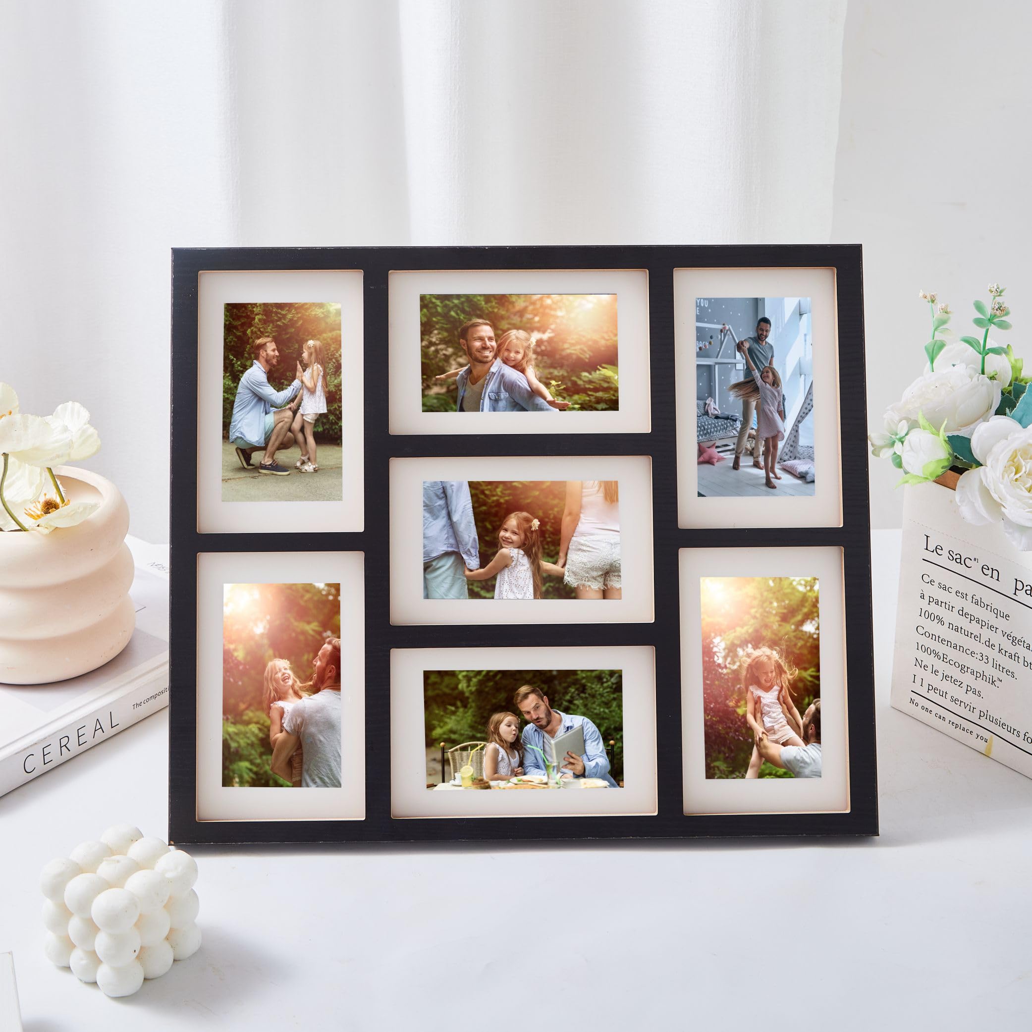 Bilderrahmen für mehrere Bilder, Familien-Bilderrahmen für Wanddekoration und Tischplatte, Bilderrahmen für mehrere Bilder, Collage-Bilderrahmen-Set für sieben Fotos à 10 x 15 cm, Schwarz