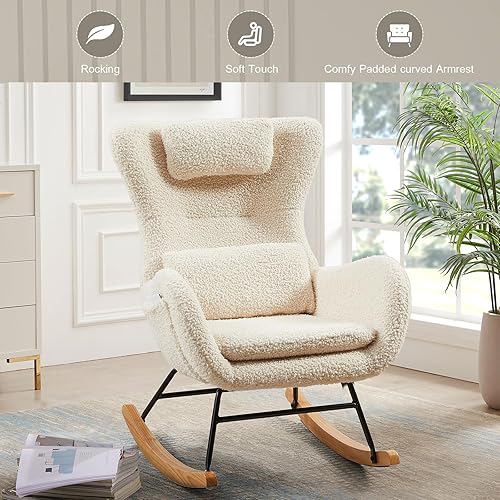 Miniatura 6 de TMEOSK Mecedora pequeña para guardería, mecedora moderna con bolsillos laterales y respaldo alto, cómoda silla deslizante con reposacabezas y