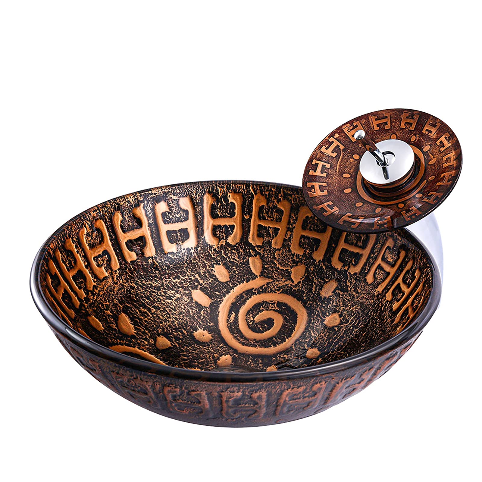 TIANQIHAO Bathroom Vessel Sink Artistic Tempered Glass Round Orange And Brown Bowl Countertop Vanity With Waterfall Faucet Pop Up Drain Combo