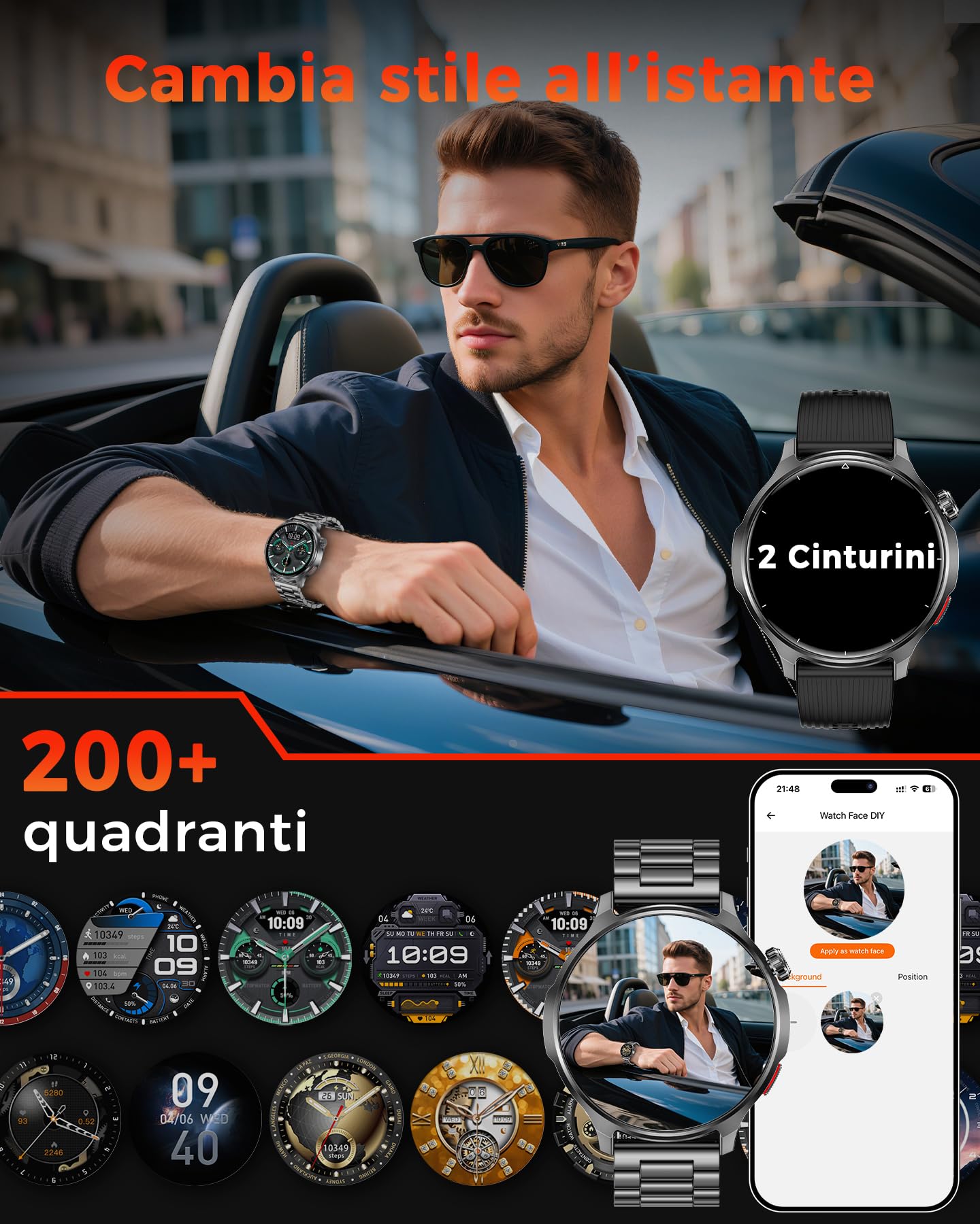 Smartwatch Uomo 1,52", Batteria da 1000 mAh, Chiamate Bluetooth | Frequenza Cardiaca, SpO₂, Sonno e Stress, 120+ Modalità Sport, Impermeabile IP68, Android iOS, Due Bracciali, Nero