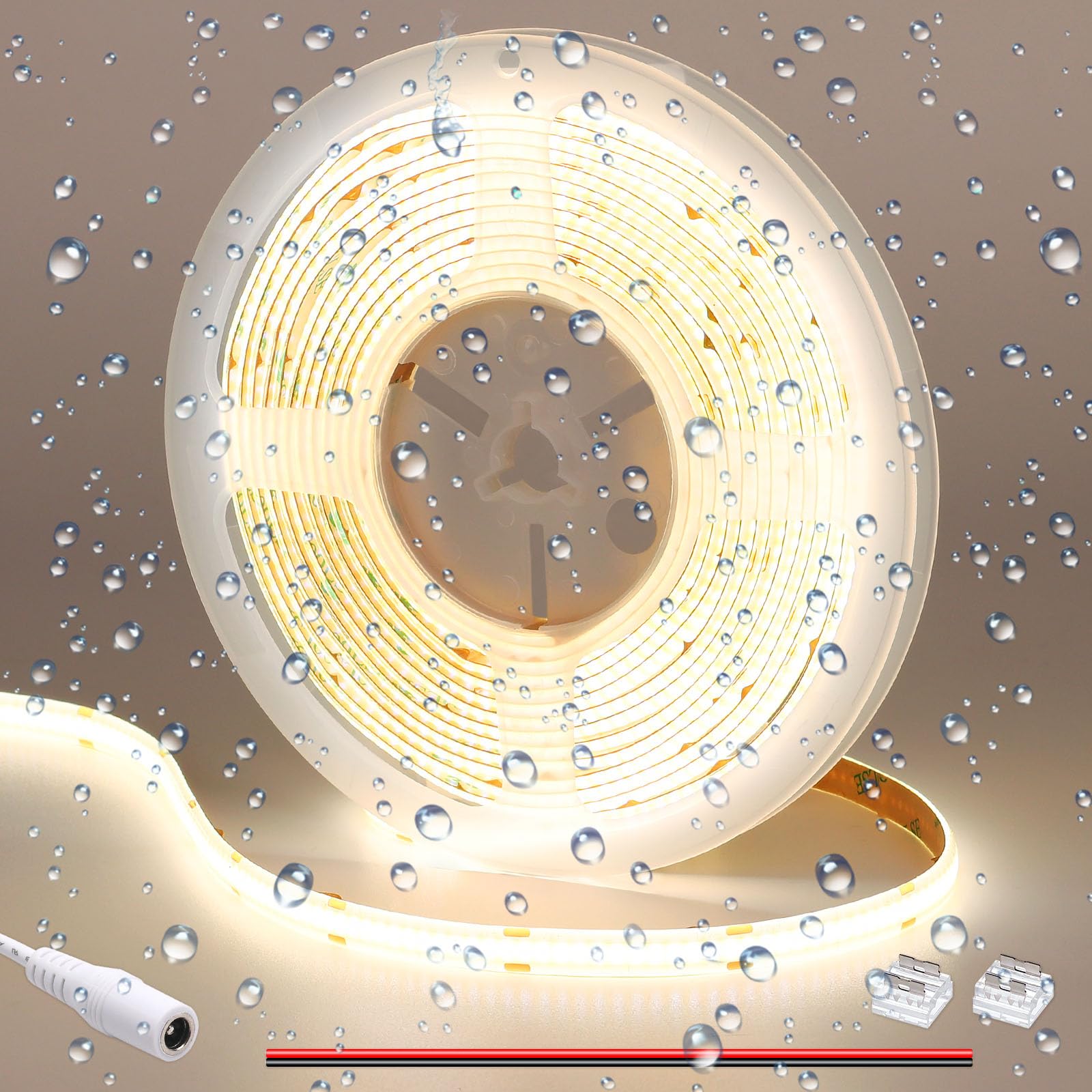 GOMING COB LED Strip 12V Natural White 4000K Waterproof IP65 5M 11W/M CRI 93+ High Density Linear Luminescence 312LED/M LED Lights for Living Room Bedroom and More(No Power)