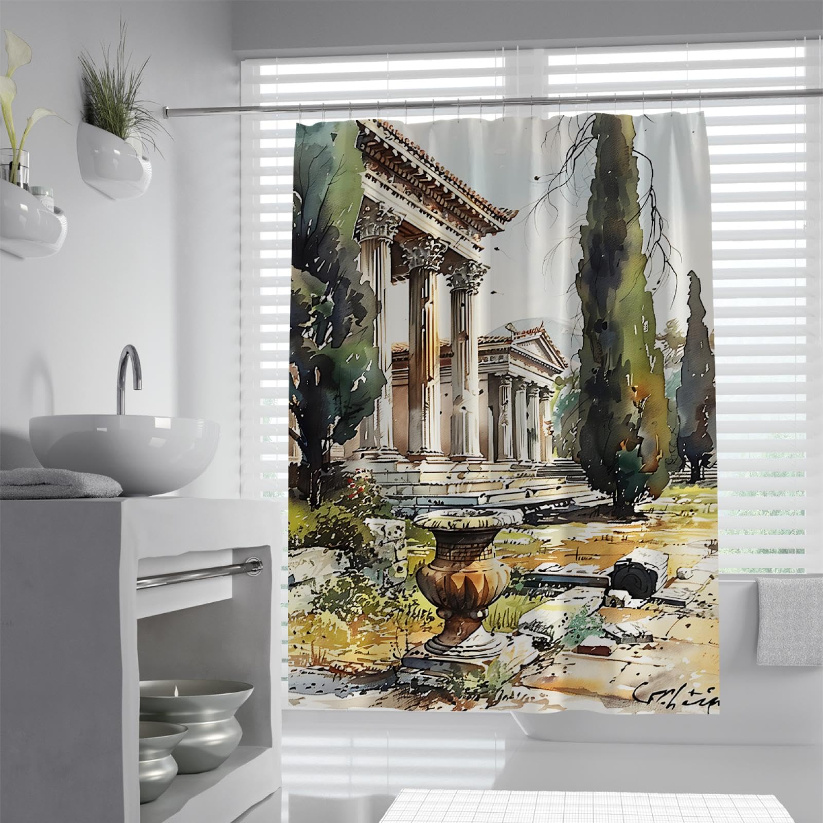 MOKOSAISE Vintage Garden Ruins Shower Curtain Liner Watercolor Castle Remains Design Bathroom Decor Waterproof Fabric Bath Curtains Set with Hooks 180x180