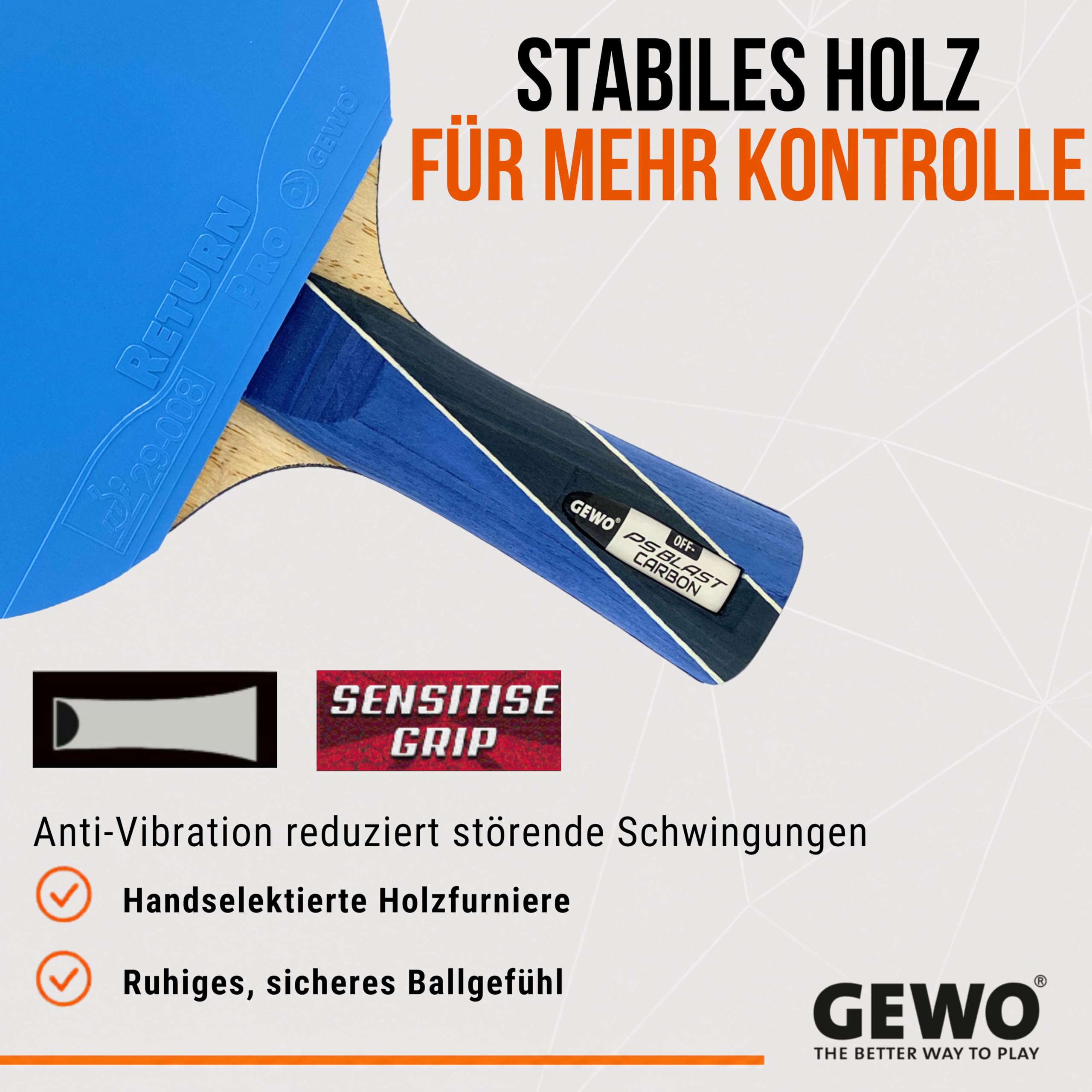 GEWO PS Blast Carbon Tischtennisschläger - ITTF genehmigter Profi-Tischtennisschläger, Carbon-Schläger mit schnellem Belag GEWO Return Pro und hohen Rotationseigenschaften, konkav, 1,8mm Schwamm