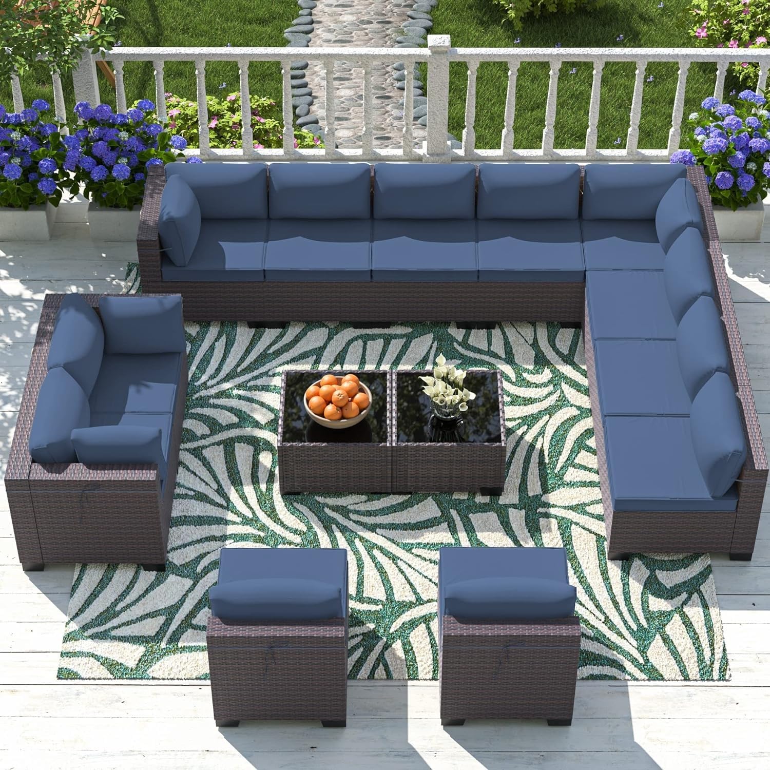 Patio Furniture Sets 14 Pieces Outdoor Sectional Rattan Sofa Manual Weaving Wicker Patio Conversation Set with 2 Glass Coffee Table and Cushion