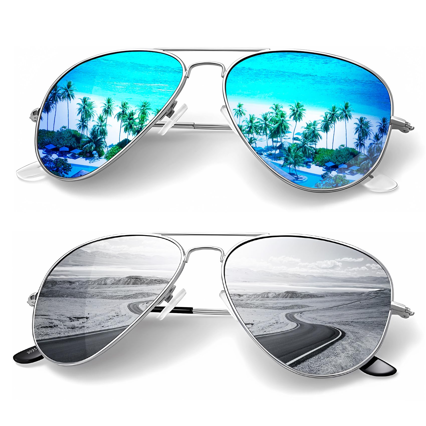 KALIYADI Classic Aviator Sunglasses for Men Women Driving Sun glasses Polarized Lens UV Blocking E (2 Pack) Blue/Silver 58 Millimeters 2