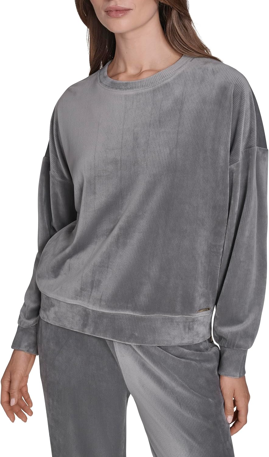 HALSTON Women's Velour Crew Neck Ribbed Sweatshirt With Gold Size Zippers