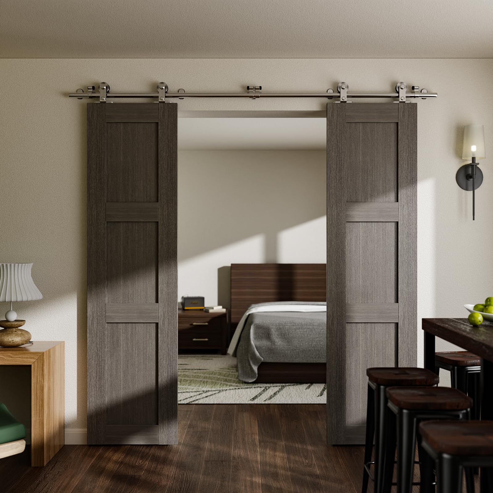 8FT/2.43M Acciaio Inossidabile Kit Accessori per Porta Scorrevole in Legno, Ferramenta Porta Scorrevole Per Doppia Porta