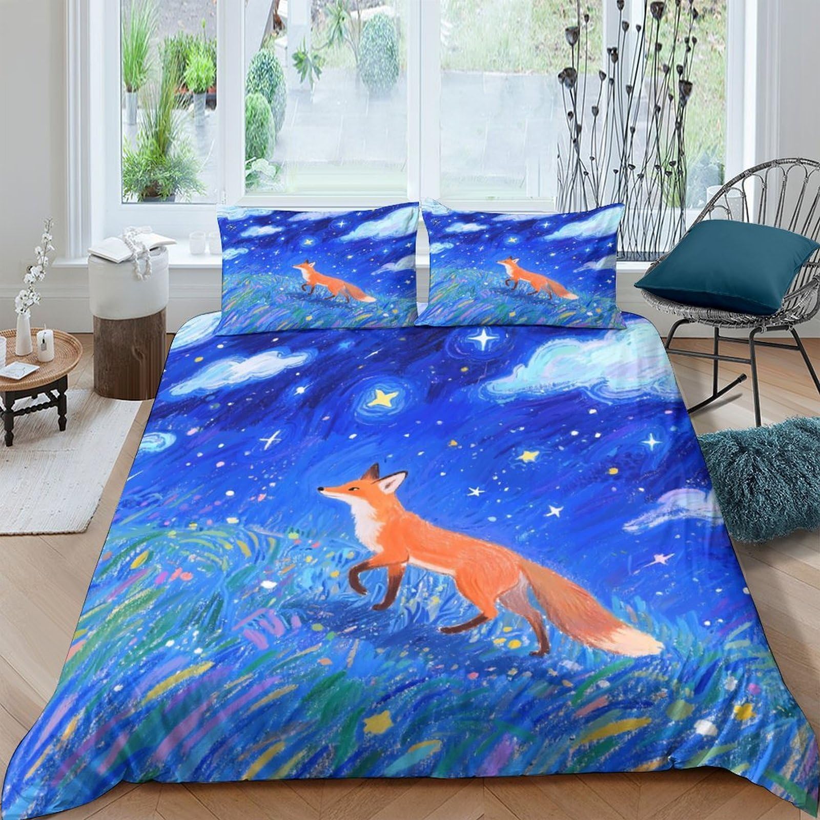 Ctjqhvkz Style-4 3D Printed Starry Night Fitted Sheet Microfiber Fox Meadow Mattress Cover For Bedroom Guest Room Easy Wash Decor Single（135X200cm）
