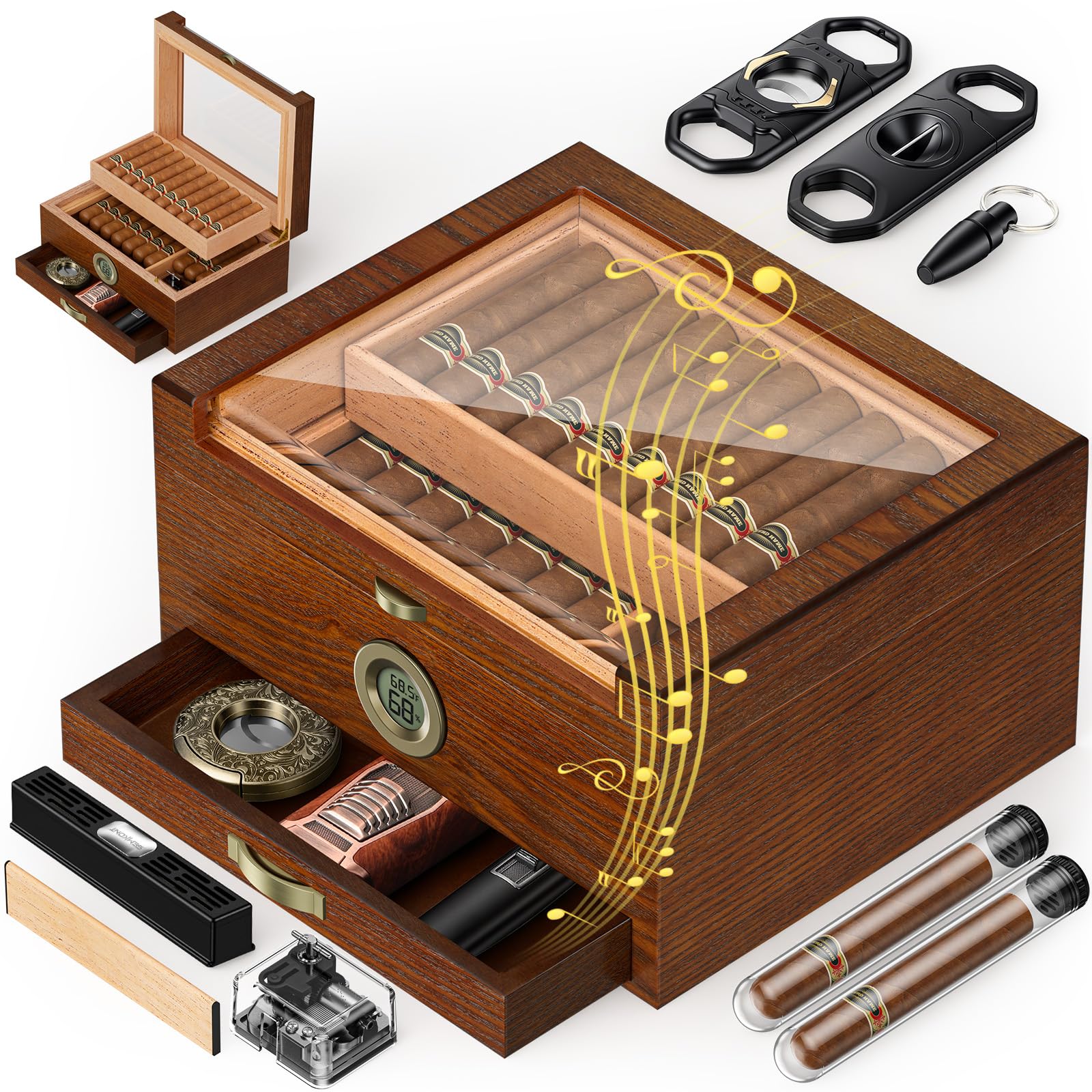 Umidificatore per sigari, in legno di cedro, con igrometro digitale e umidificatore, sistema di carillon integrato e cassetto per accessori, include vassoio in legno di cedro e 2 tubi per
