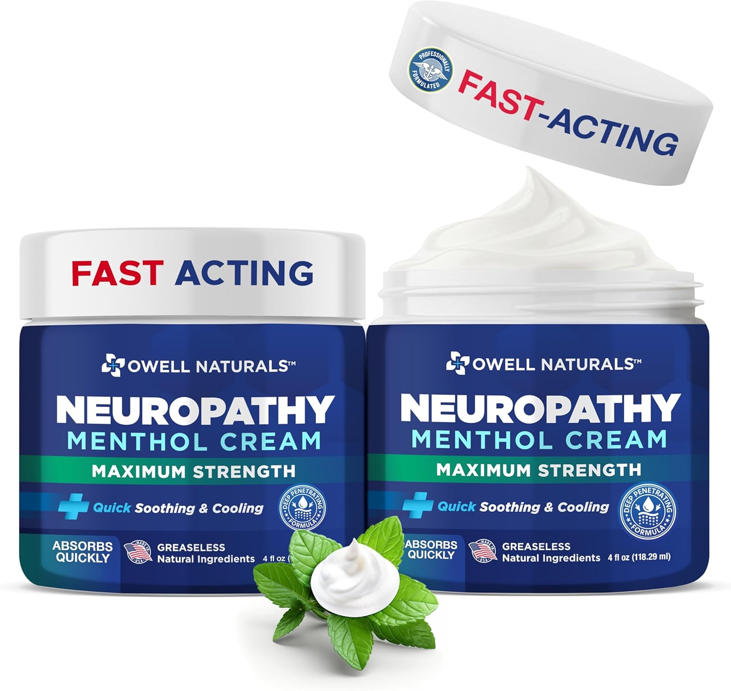 Owell Naturals Neuropathy Cream Extra Strength – Fast Absorbing Cooling for Leg, Feet & Hands – Advanced Soothing Formula with Aloe Vera, Arnica, MSM & Vitamin B6 – Made in USA, 4 fl oz