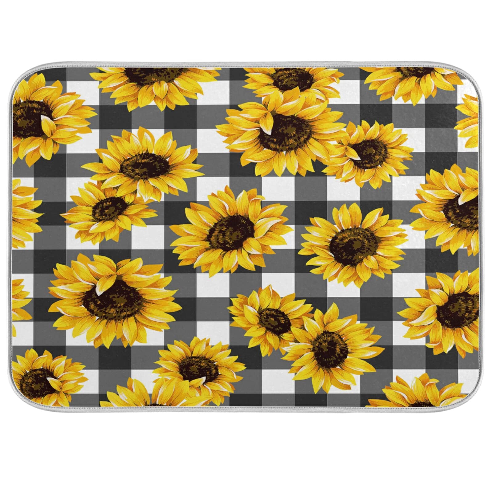 Kcldeci Dish Drying Mats for Kitchen, Buffalo Check Plaid Absorbent Microfiber Drying Mat, Black White Sunflower Rustic Farmhouse Dishes Drainer Pads 16x18 inch