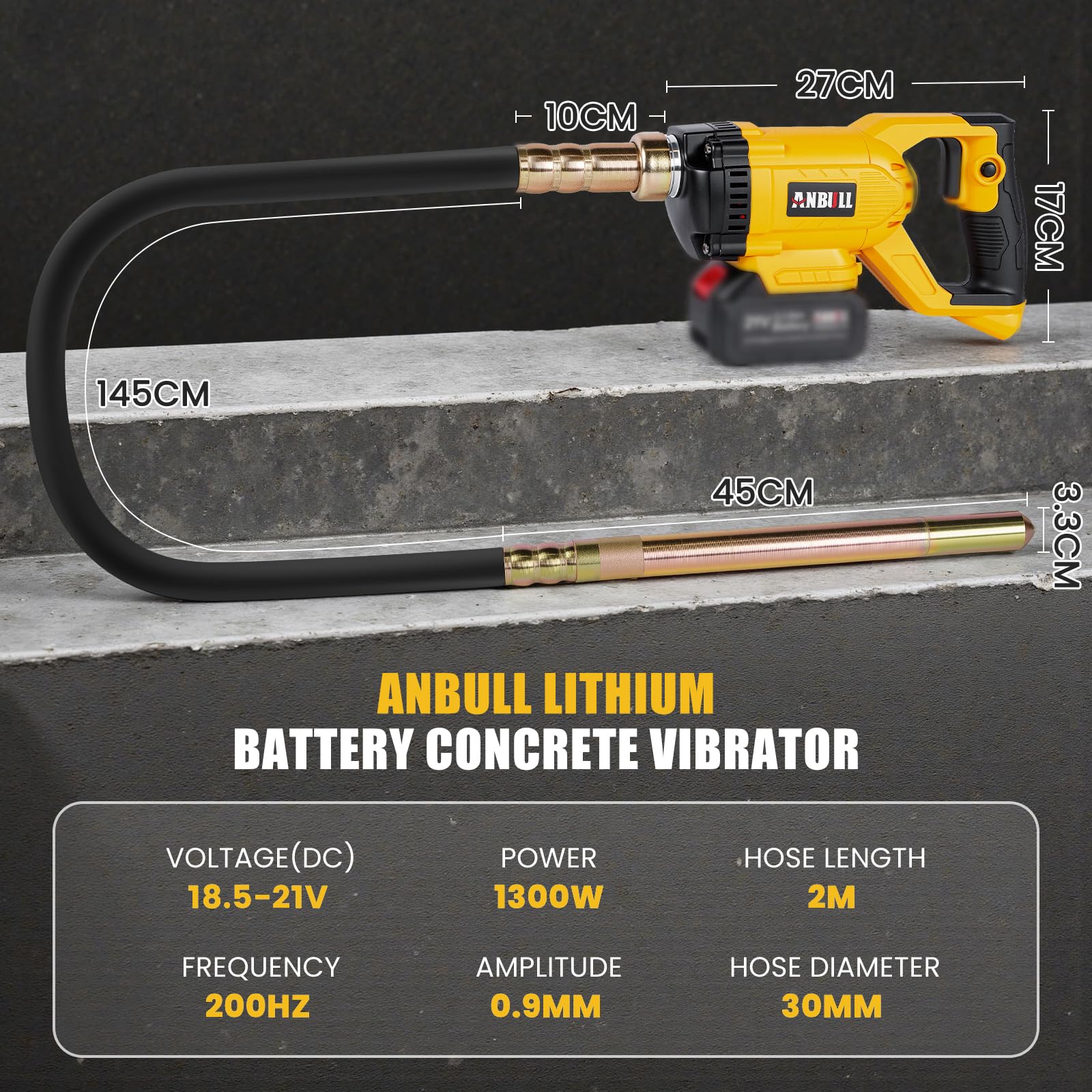 Anbull Vibreur Beton à Batterie 2 m (Sans Batterie), Adaptateur compatible avec les batteries Makita（18.5V-21V), 4800 tr/min, Amplitude 0,9 mm, Vibreuse Beton, Concrete Vibrator