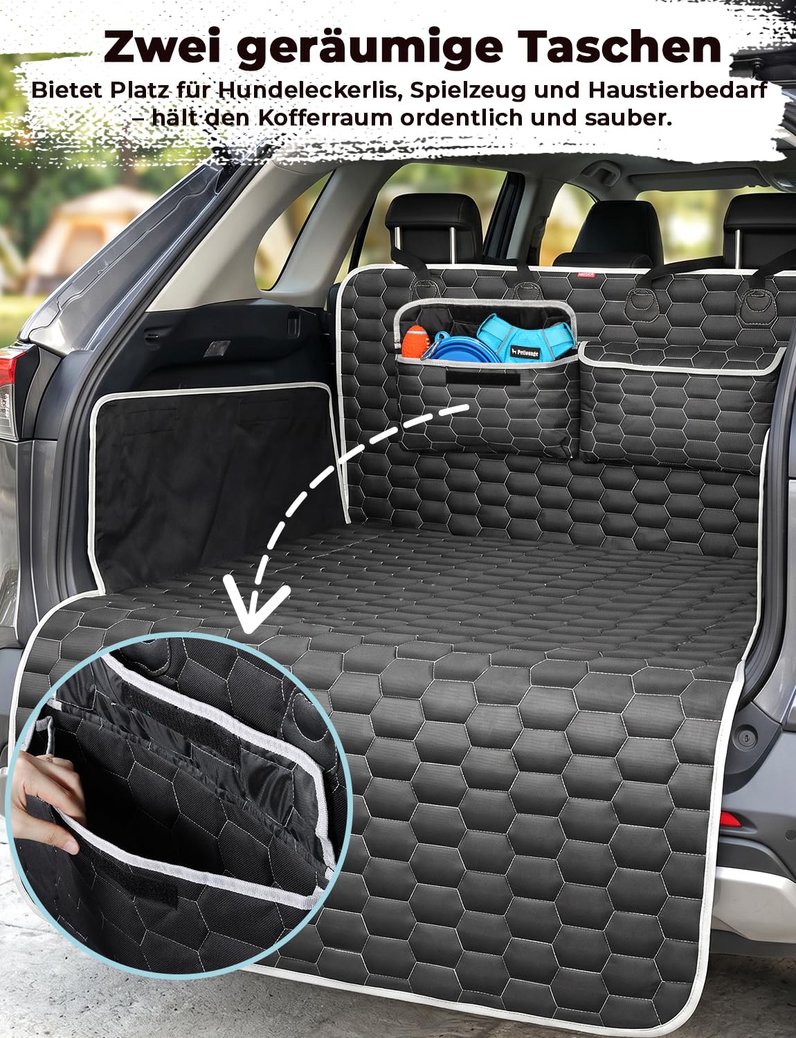 Oasser Kofferraumschutz Hund Kofferraum Schutzmatte 185x103cm Universal Auto 600D mit 2 Großen Taschen Seiten-und Ladekantenschutz Wasserdicht Kratzfest rutschfest Staubdicht für Limousinen und SUV