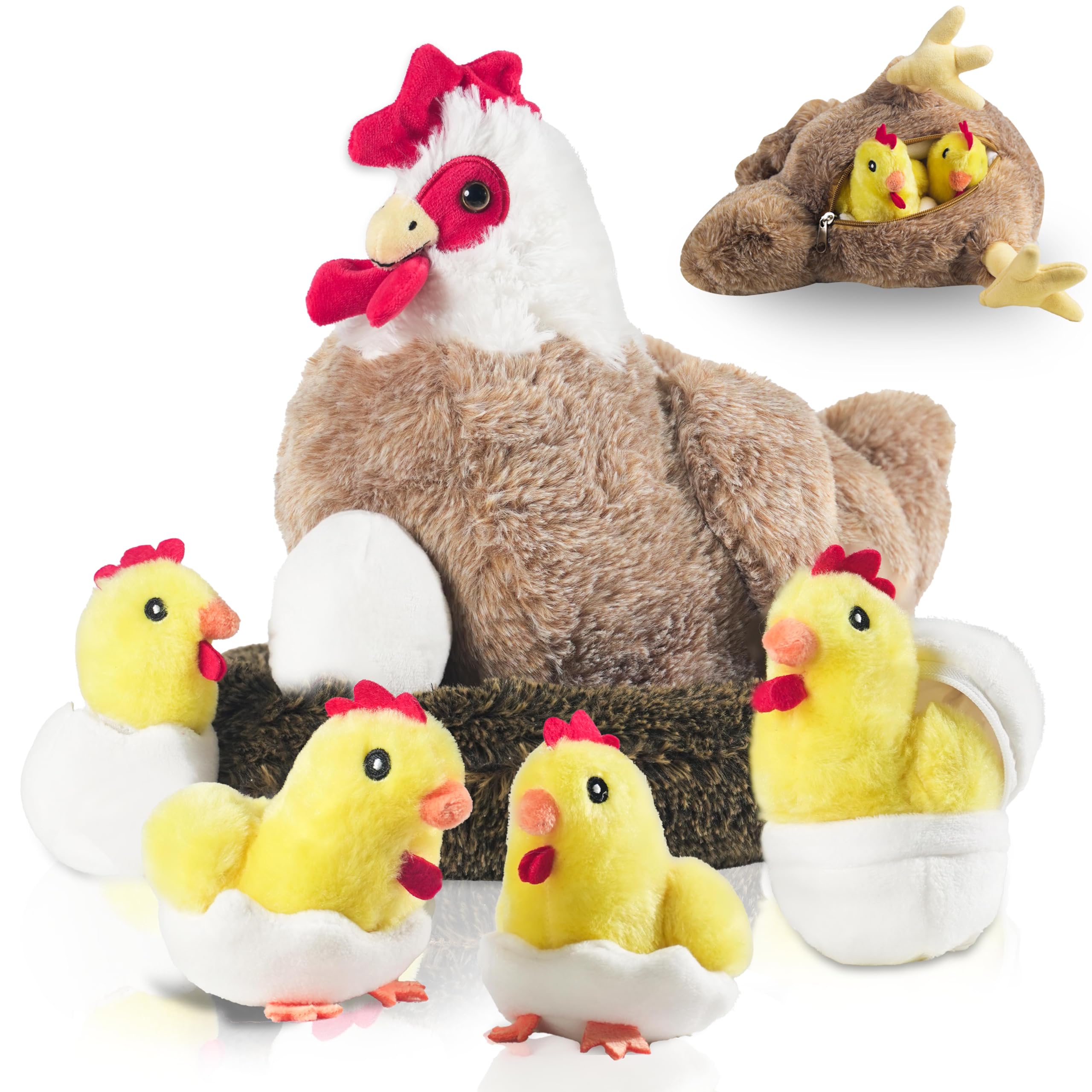 9 in 1 Chicken Stuffed Animal, Stuffed Chicken Toys for Kids - Egg Laying Hen Plush with Hen House, Chicks and Eggs in Zippered Belly for Boys Girls Birthday Farm Party Decors