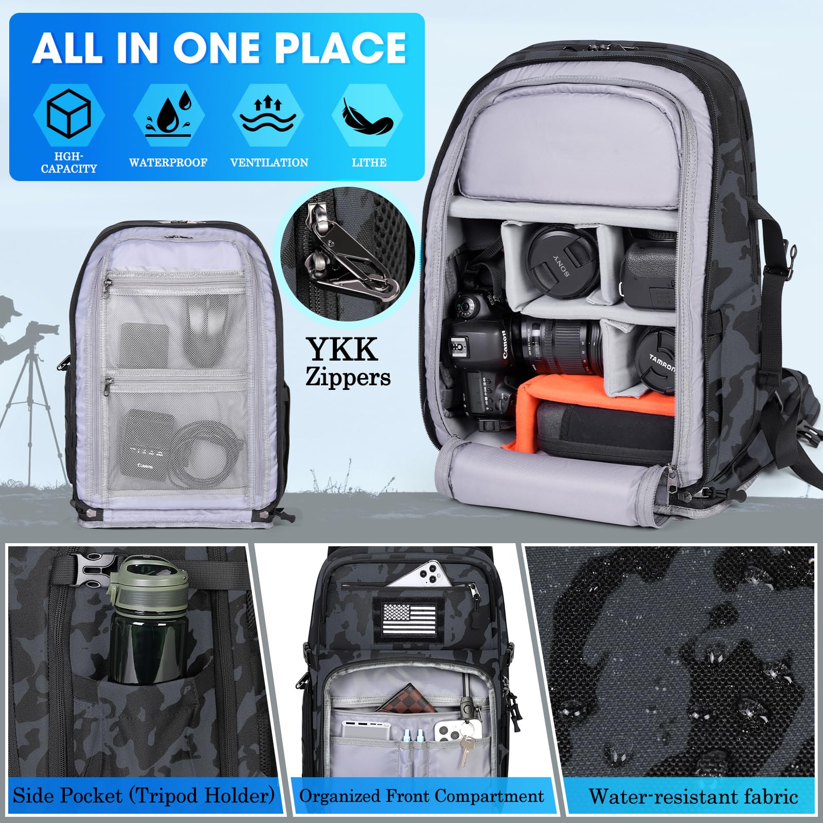 SDYSM Mochila para cámara, impermeable, táctica, de 15,6 pulgadas, para fotografía, antirrobo