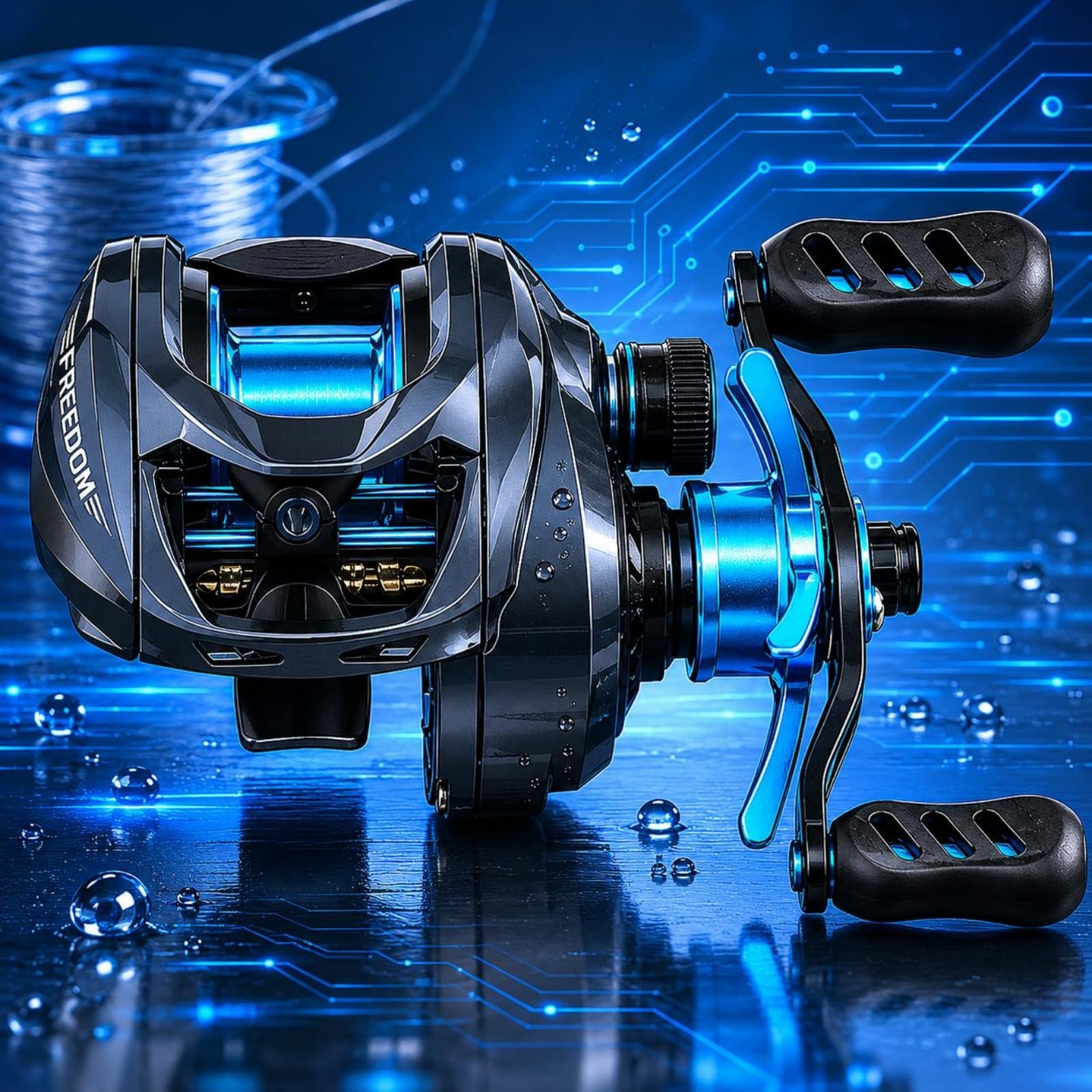Carrete de Pesca Carrete Bobina Mango Freno con Control Lateral de Ajuste Forma Redondeada Estilizada Estructura Ligera y Estable Diseño Cómodo para