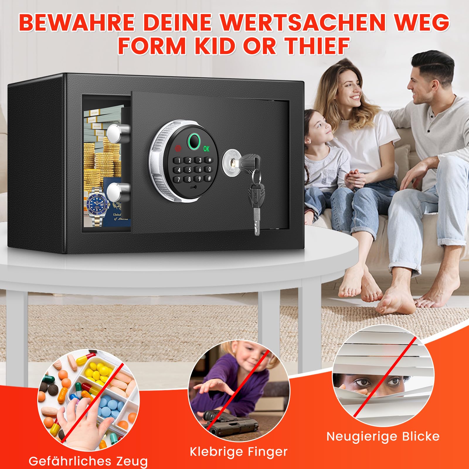 Biometrischer Tresor 18L mit Fingerabdruck – Digitaler Safe für Zuhause, Diebstahlsicherer Möbeltresor für Geld, Dokumente, Reisepass & Medikamente
