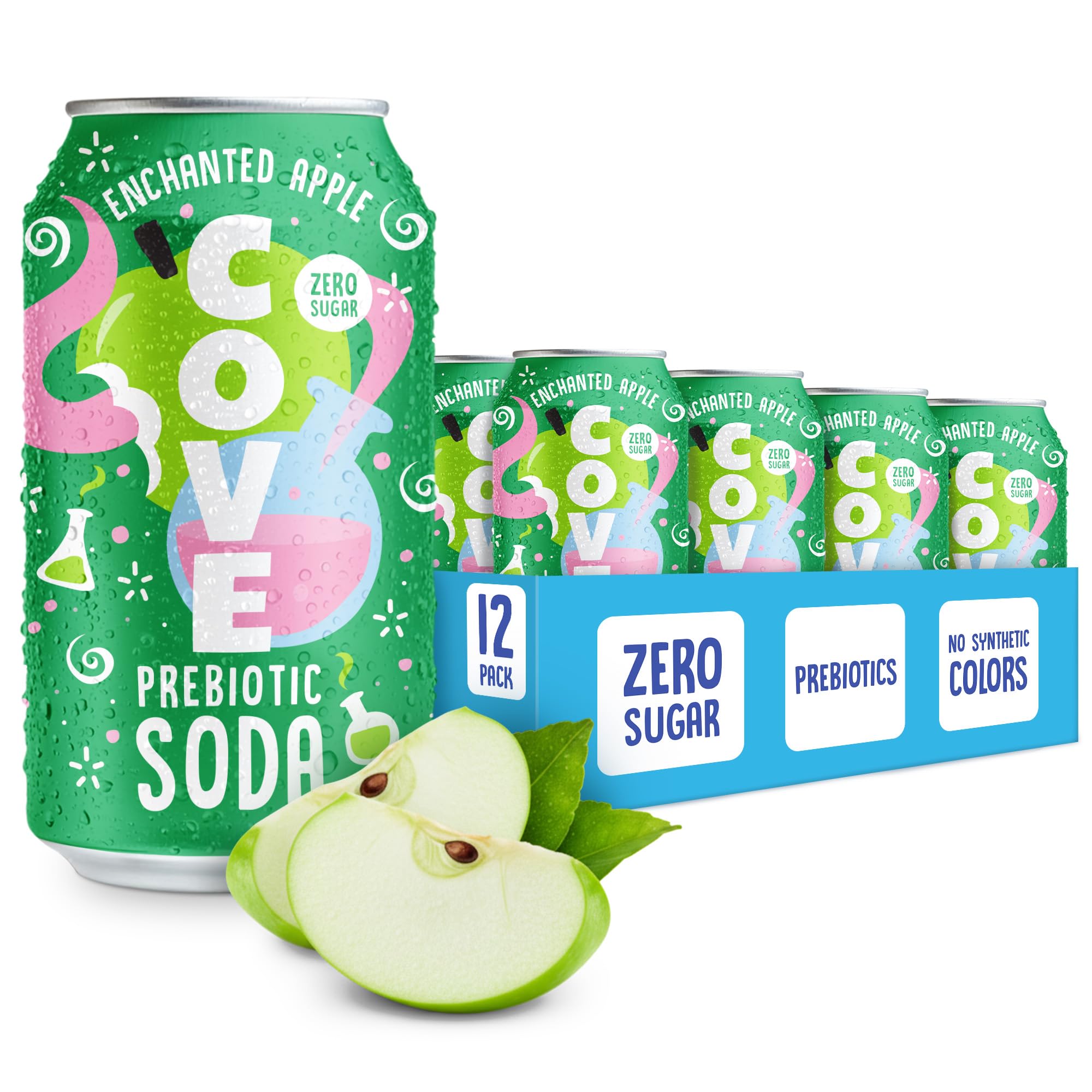 Cove Prebiotic Soda Soft Drinks with Zero Sugar - Refreshing Healthy Soda Alternative with 4g of Fiber for Digestive Support - Natural, Caffeine Free Sparkling Beverage – Enchanted Apple, 12 Pack