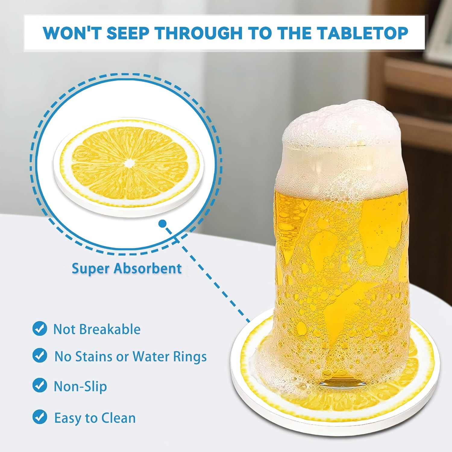 Drinks Coasters Set of 4, Lemonade Round 4" Cup Coasters, Absorbent Ceramic Stone Coasters with Cork Base, Cute Coasters for Table Home Décor, Ideal Gifts for Women Men - Image 4