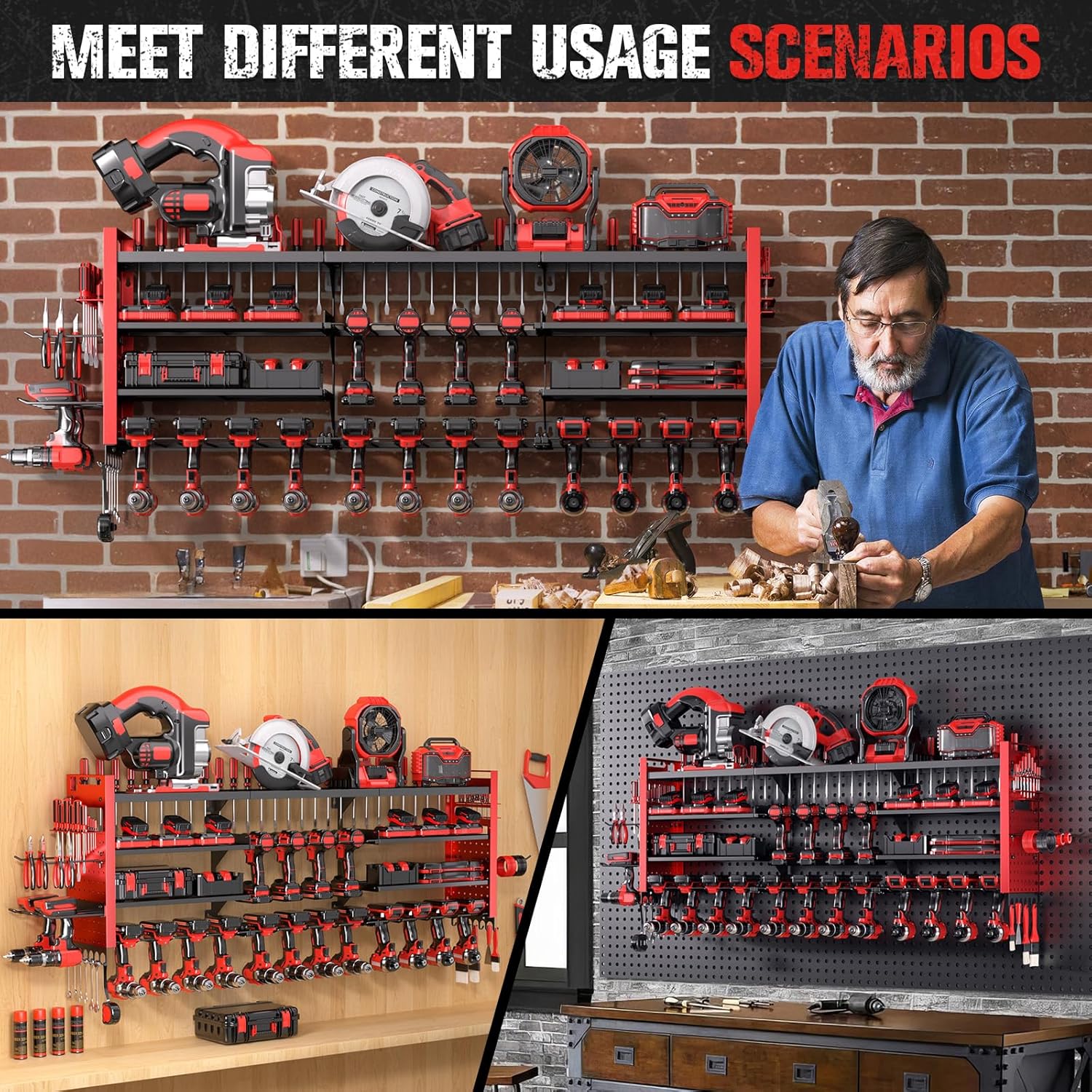49.8" W Super Large Power Tool Organizer Wall Mount,4-Layer Heavy Duty Tool Storage with 18 Cordless Drill Holder,600 lb Capacity Garage Organization for Garage and Workshop (Red)