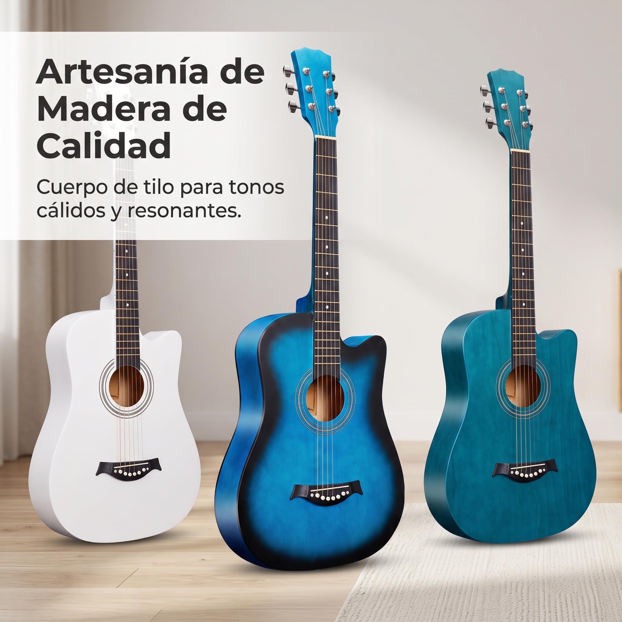 predolo Guitarra Acústica Folk Notchada + Guitarra Guitarra de Seis Cuerdas + Instrumento de Cuerda + Kit Completo con Funda, Guitarra acústica de 38 pulgadas, color azul frotado, con accesorios