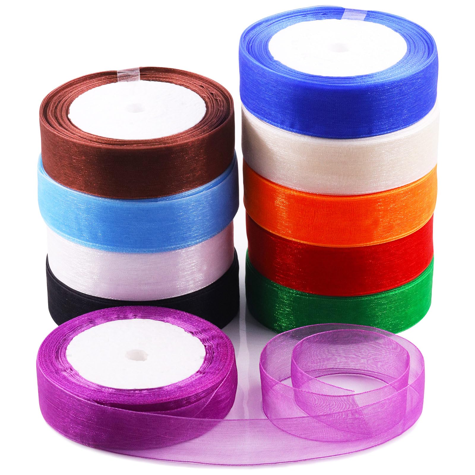 Swpeet 10 Rolls 50 Yards x 1 Inch Multicolor Shimmer Sheer Fabric Ribbons Organza Ribbon Assortment Kit, Transparent Sheer Ribbon Chiffon Fabric Ribbons for Bouquets Wedding Birthday Decoration