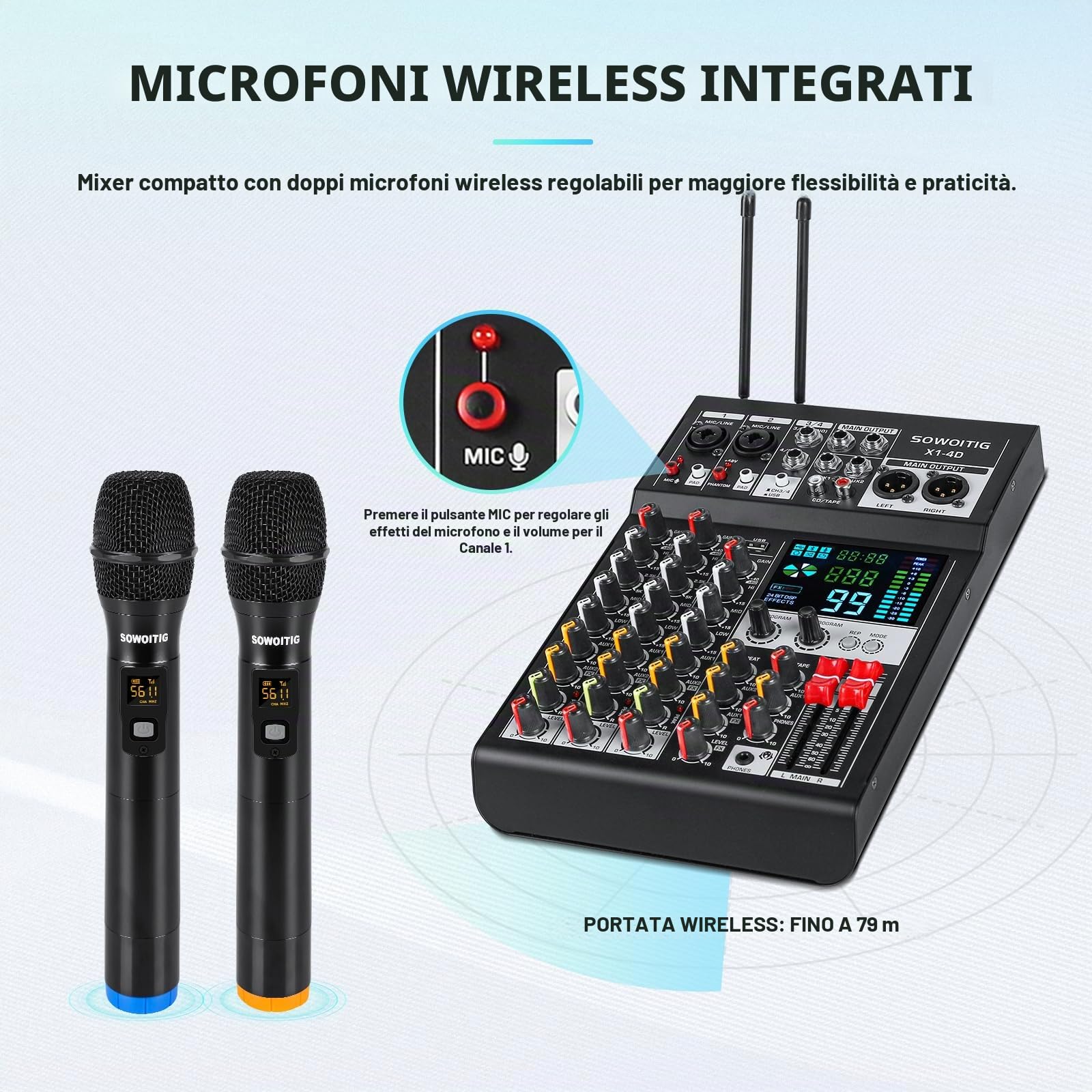 Mixer audio a 4 canali con doppi microfoni wireless, scheda di mixaggio audio professionale Console DJ con 99DSP MP3 Bluetooth 48 V Phantom Power PAD Interfaccia USB per registrazione Karaoke Home