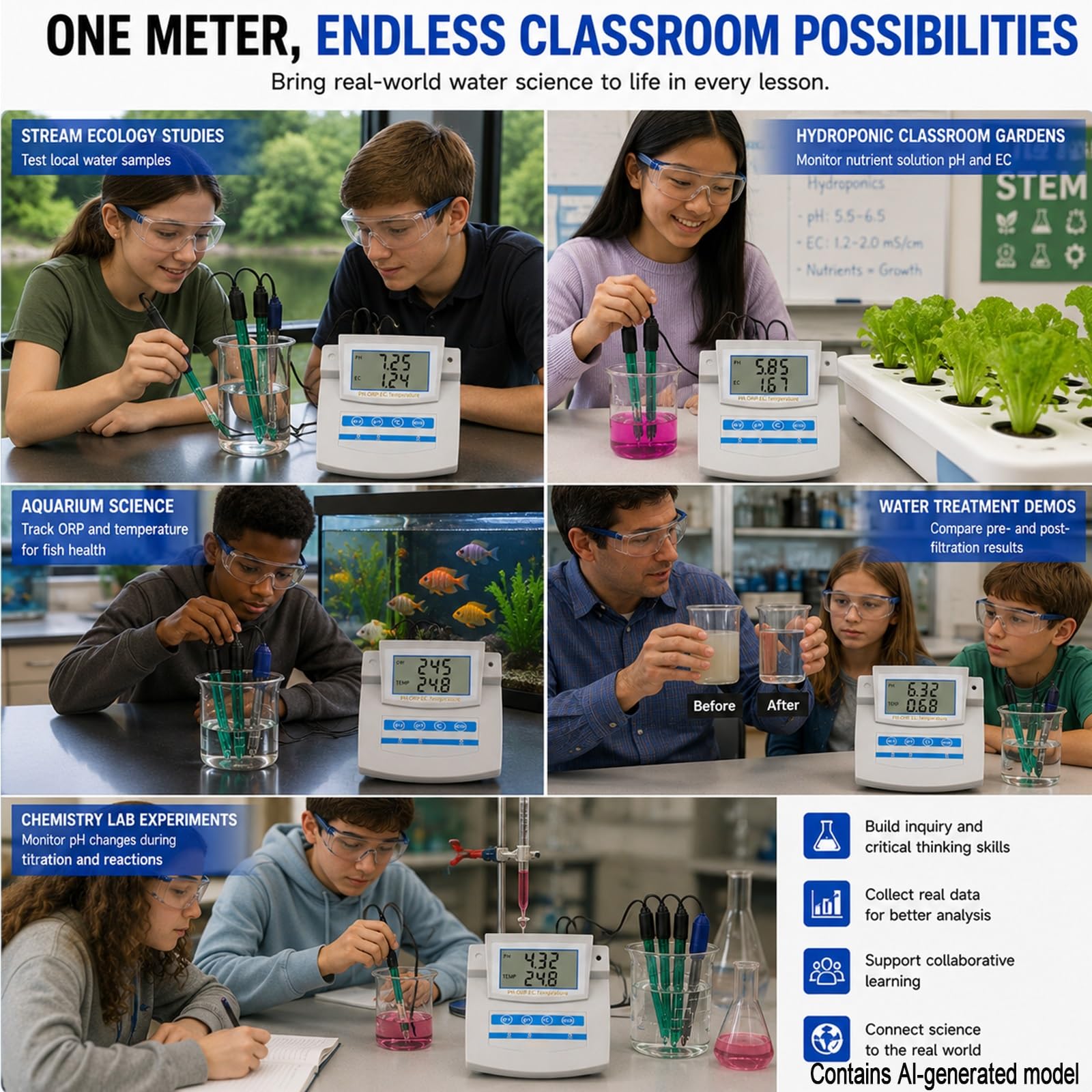 Monitor Calidad Agua 6 En 1 para Stem – Medidor Digital De Mesa pH TDS EC CF ORP Temp, Analizador Multiparámetro Lab con ATC para Aula Ciencias Y Laboratorio Escolar