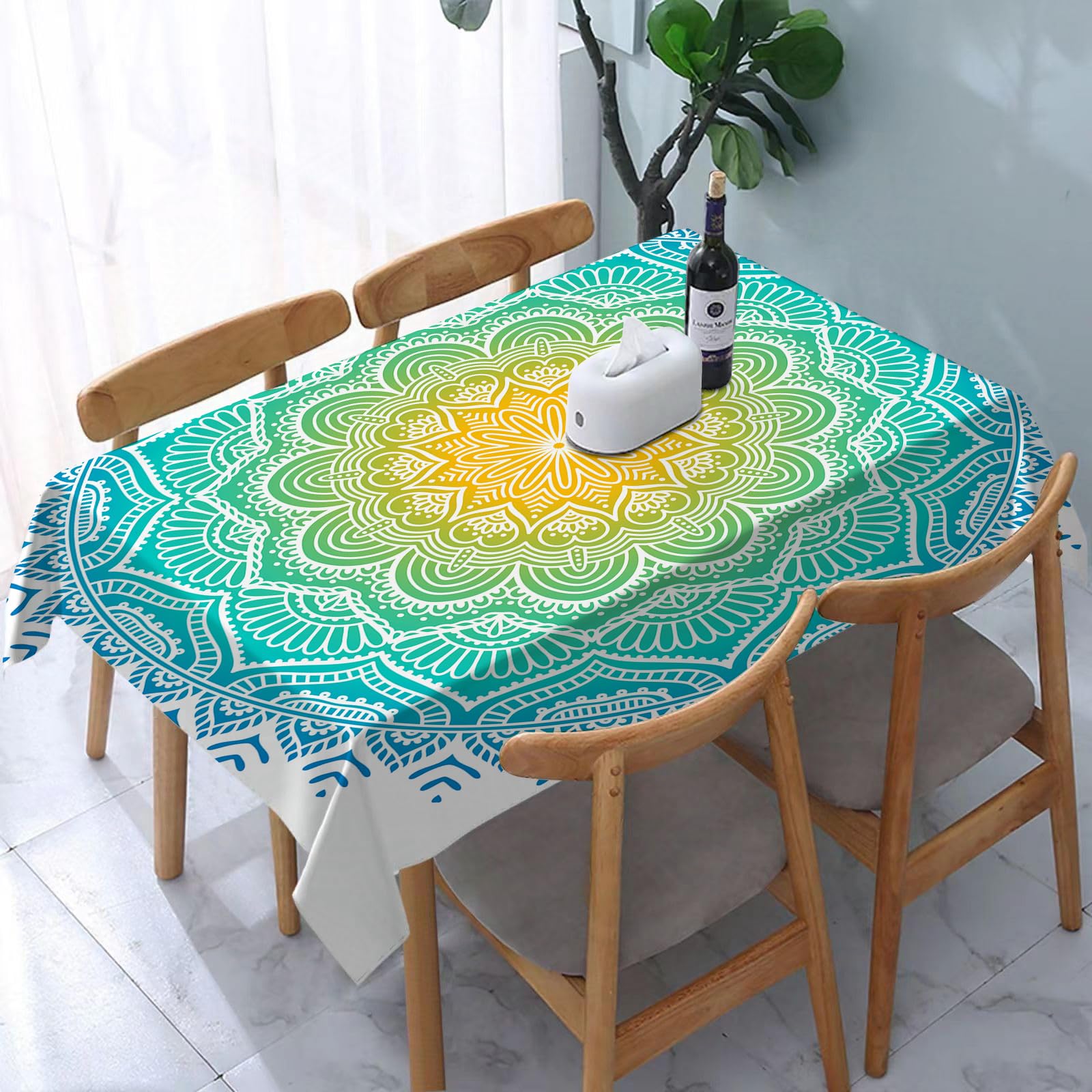 YOIUE Tablecloth,Table Cloth for Rectangle,Mandala, aquatic motif in Mandala color with sun at the center of Indi,Wrinkle Resistant Decorative Table Cover for Kitchen Dining Parties Picnic 54 x 72 in