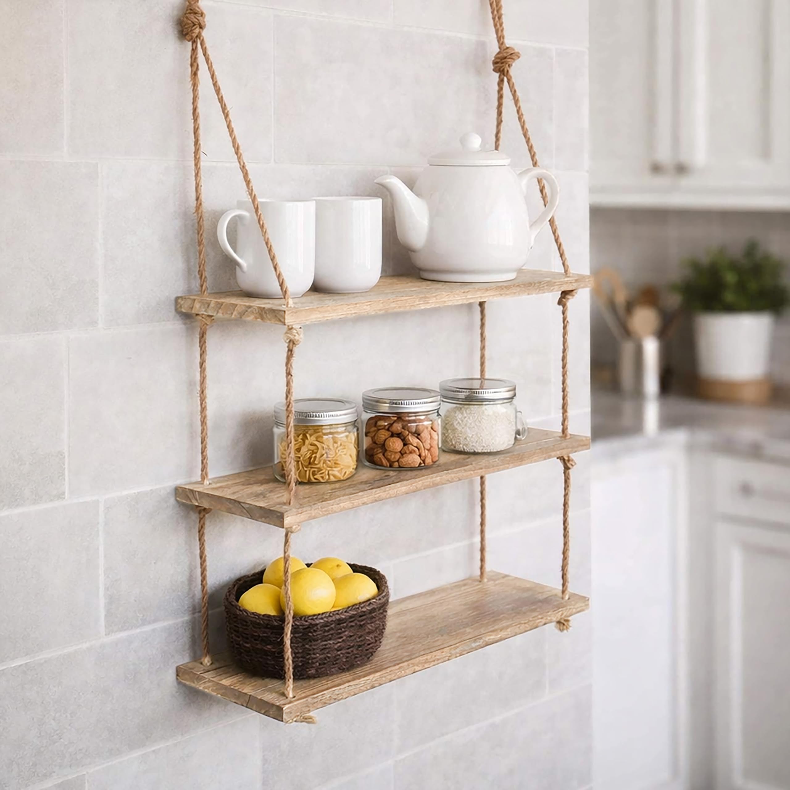 Garden Mile Dark Wood Tone Rustic Rectangular 3 Tier Wooden Rope Shelves - Vintage Storage Shabby Chic Style Wall Mounted Floating Shelf - Decorative Shelves For Hallway, Kitchen, Bedroom, Living Room Decor