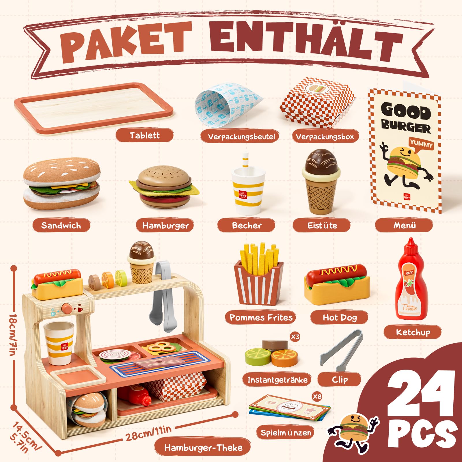 Lehoo Castle Kinderküche Zubehör, kaufladen Zubehör Holz, Kaufmannsladen Zubehör, Spielen Sie Hamburger Shop, Mädchen Geschenke 3 Jahre, Spielküche Zubehör Spielzeug ab 3 Jahre