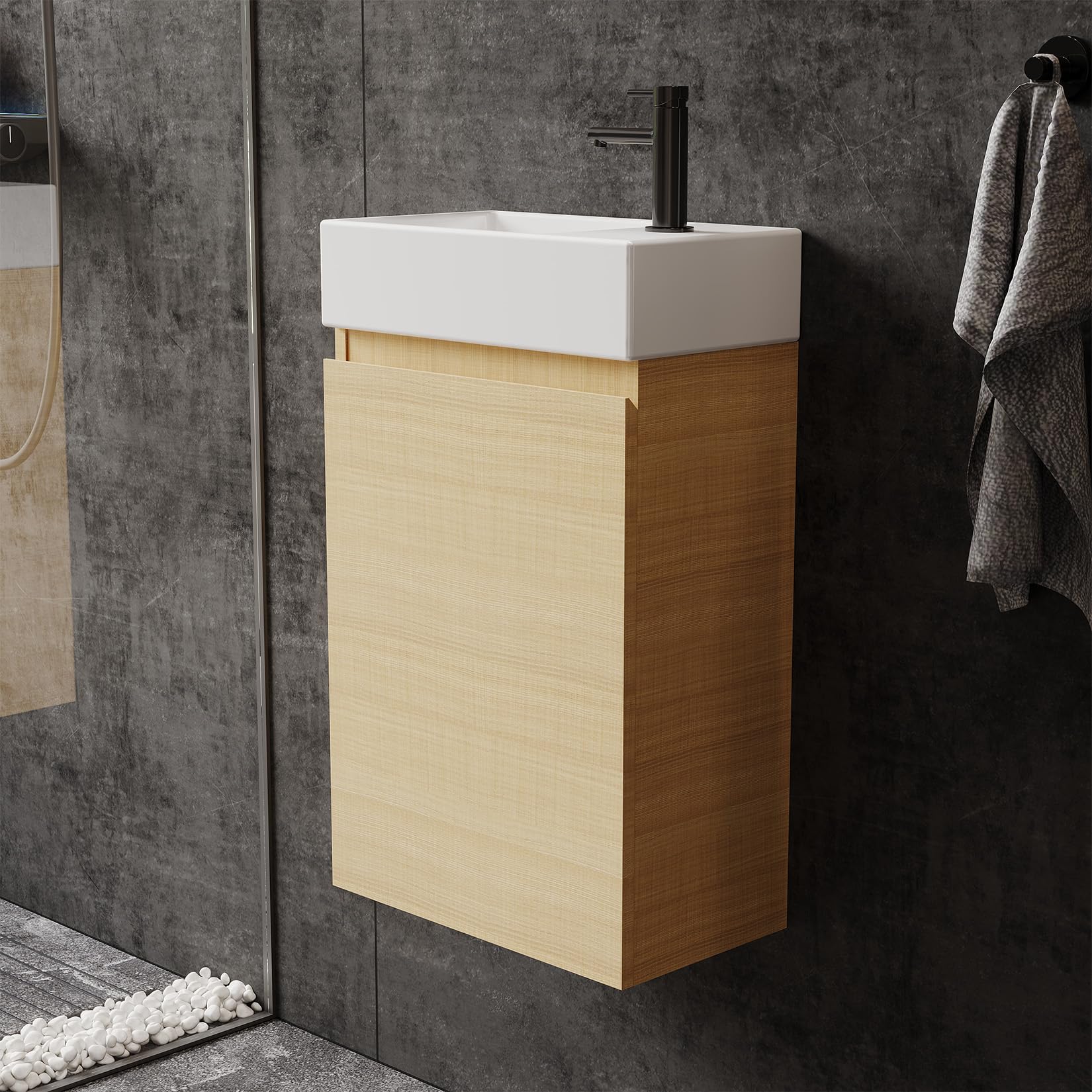 Szafka pod umywalkę 40 cm dąb, wisząca na ścianie z umywalką ceramiczną, 1
