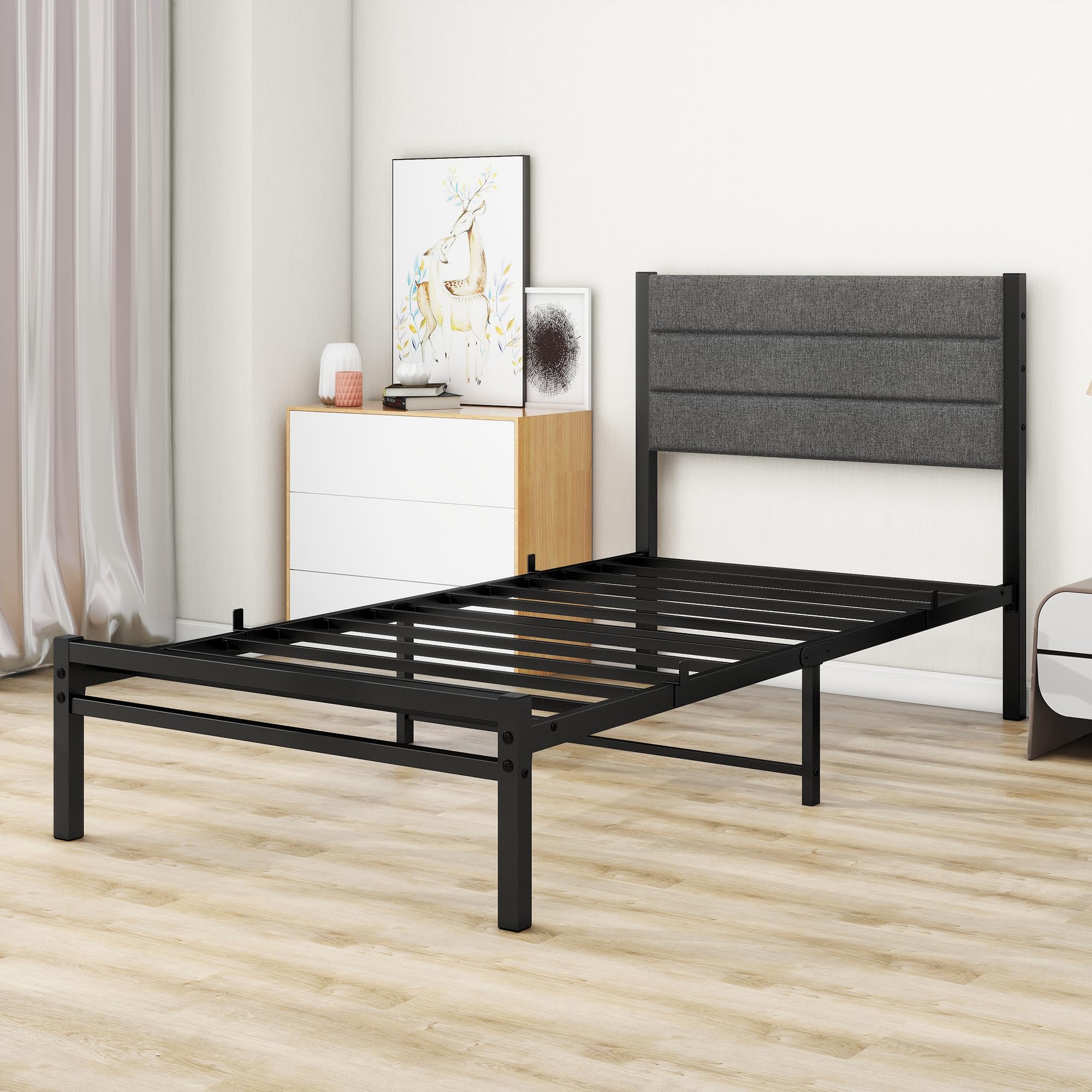 MOFLUT Single Bed Frame with Upholstered Headboard,Heavy Duty Metal Bed Frame Single with Storage Steel Slats Support,Ample Storage Underbed,No Box Spring Needed &Easy Assembly, Noise Free,Gray Bed
