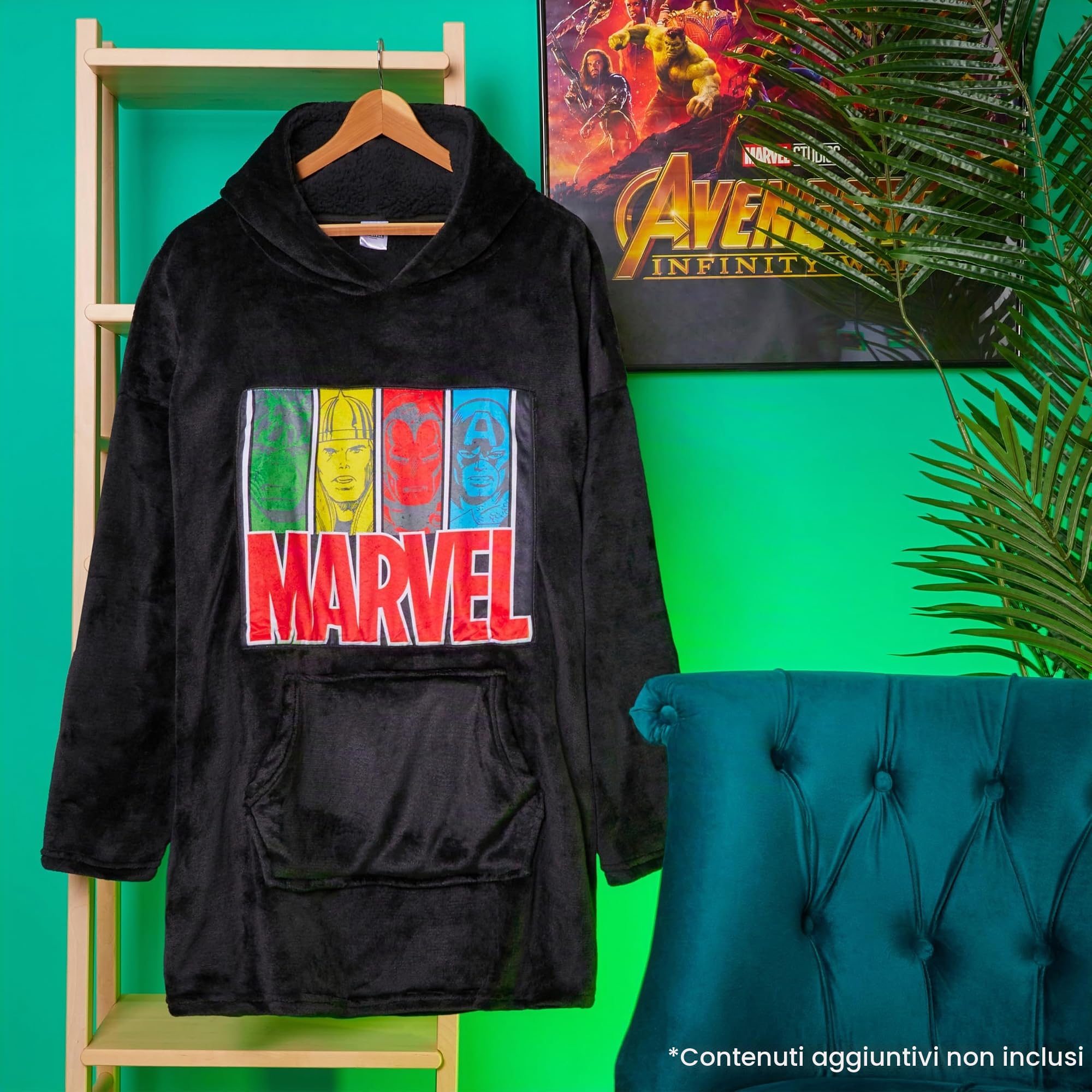 Get Trend Marvel Felpa Uomo con Cappuccio - Felpe Oversize Uomo in Pile (Nero)