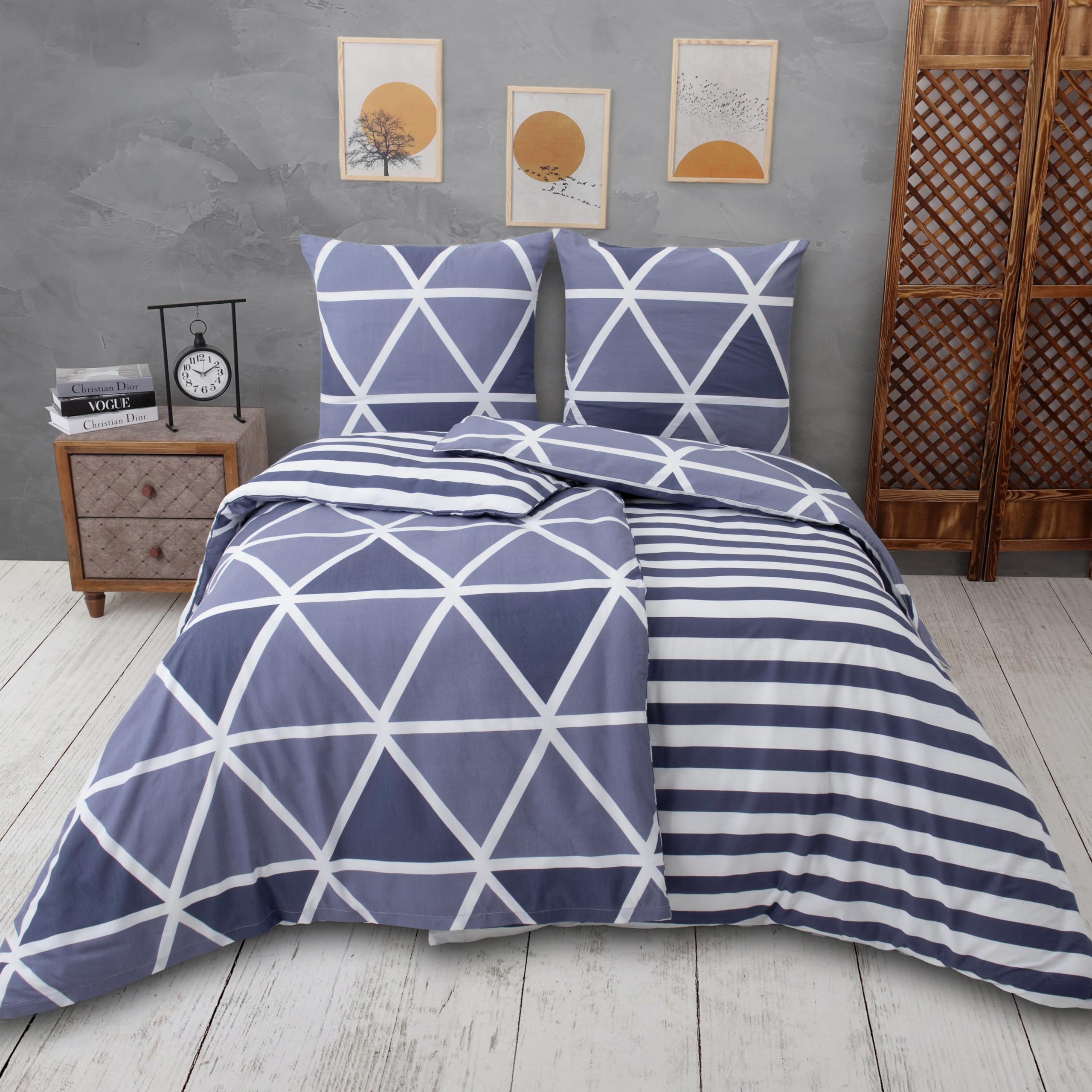 Vency Bettwäsche 135x200 4-Teilig Blau - Oeko-TEX 80% Baumwolle & 20% Polyester, 2X Bettbezug Reißverschluss + 2X Kissenbezug 80x80 Umschlagverschluss, Stripe Modell