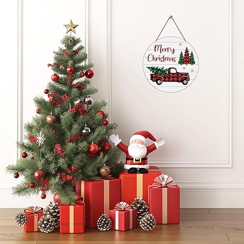 Miniatura 6 de Decoraciones de Navidad para Puertas Interiores, Letrero de Feliz Navidad con Patrón de Cuadros Buffalo, Camión, Árbol, Decoración de Pared,