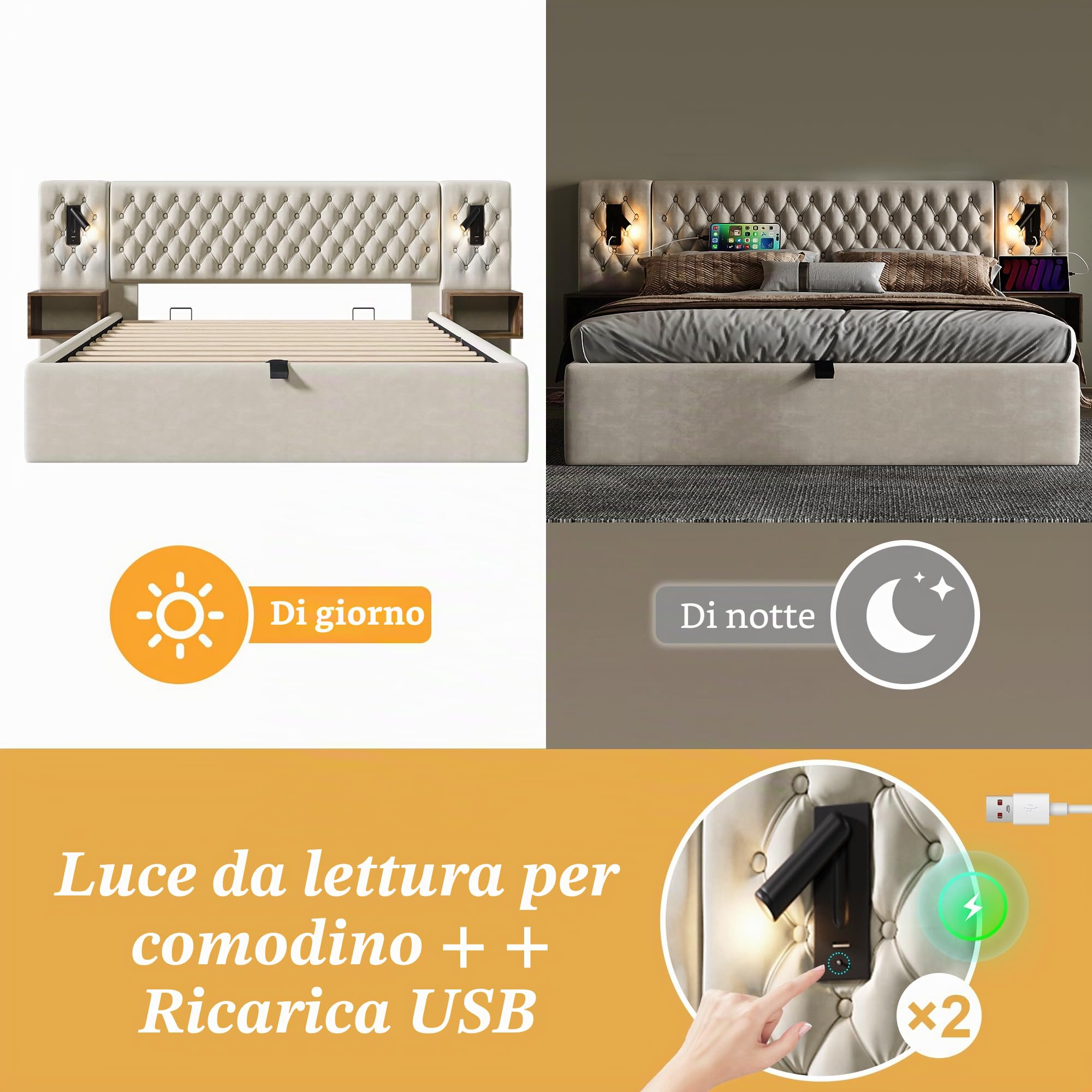 Letto imbottito 180 x 200 cm, letto matrimoniale con vano idraulico e comodino, letto con rete a doghe, luce da lettura con funzione di ricarica USB, testiera, letto per ragazzi (beige, 180 x 200 cm)