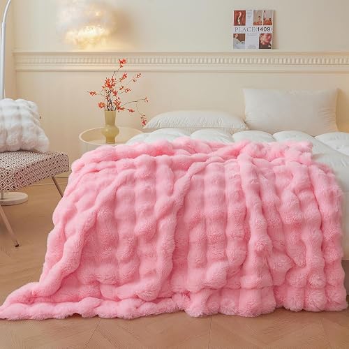 LIFEREVO Luxury Fluffy Faux Rabbit Fur Throw, Plush Fuzzy Bubble Waffle Blanket for Couch Sofa, Soft Cute Furry Blanket Home Decoration, Shaggy Lap Throw for Bedroom Living Room Office, 50x60, Pink