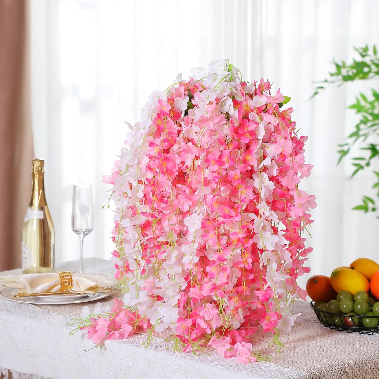 36 Pcs Wisteria Hanging Flowers 3.6 Feet Artificial Fake Wisteria Flower Vine Garland Ratta for Backdrop Wedding Decor Home Party (Pink,White)