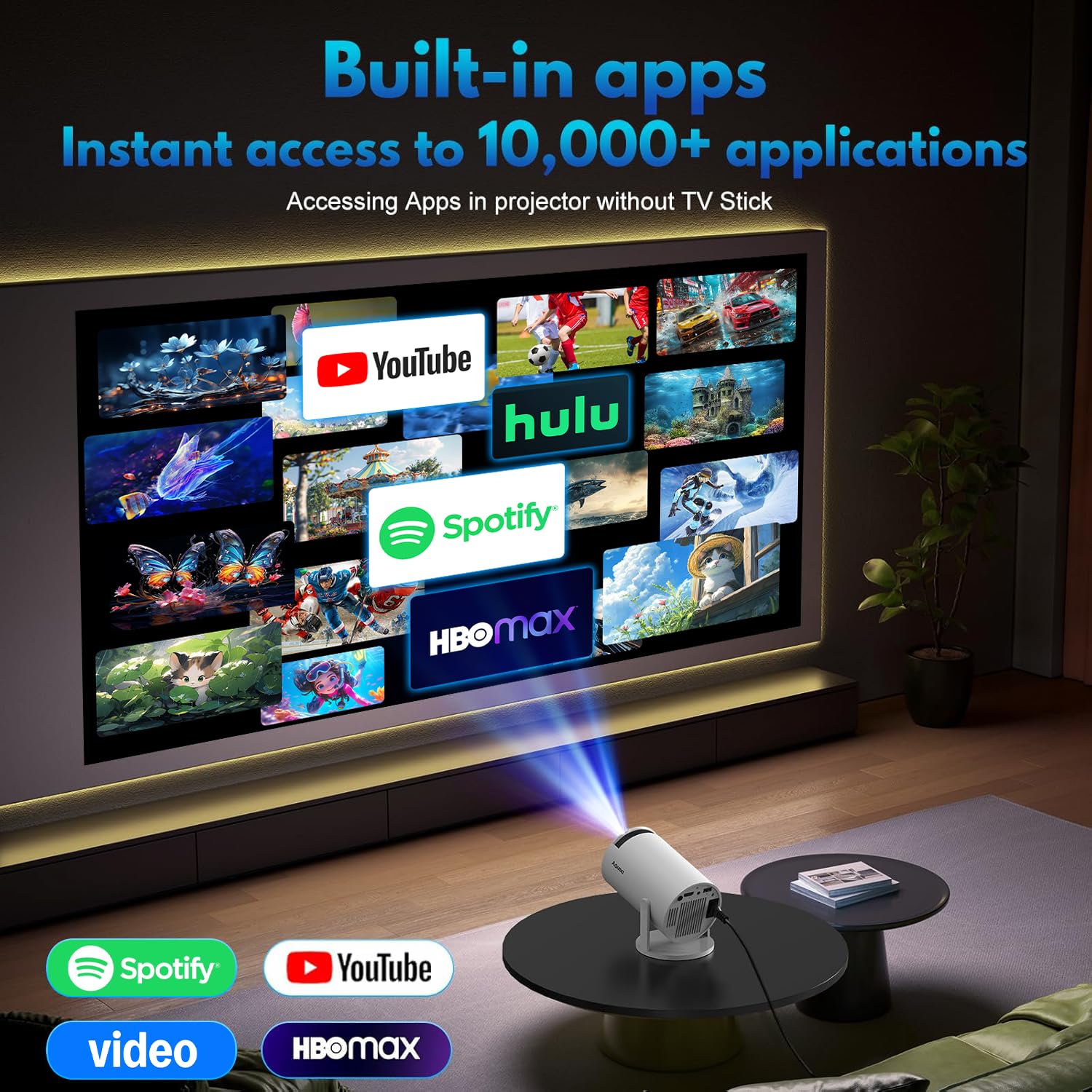 [App Integrada] Mini Proyector 2026 Upgraded Proyector Portátil, Dual Control con Ratón WiFi 6 BT5.2 180° Rotation Compatible con HDMI/TV Stick/USB/Laptop, con Ratón, Blanco