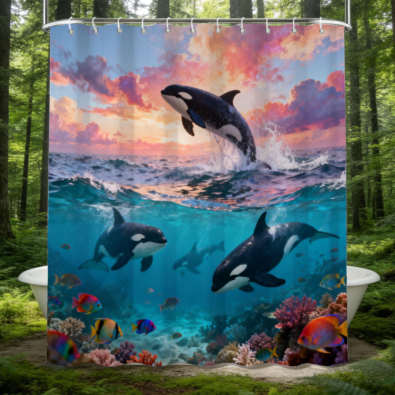 Hongduo White 3D Marine Orca Shower Curtain For Stalls Bathtubs Tropical Fish Bathroom Decor Shower Curtain Set Polyester Fabric Waterproof 180X180cm/71X71 Inch With Hooks