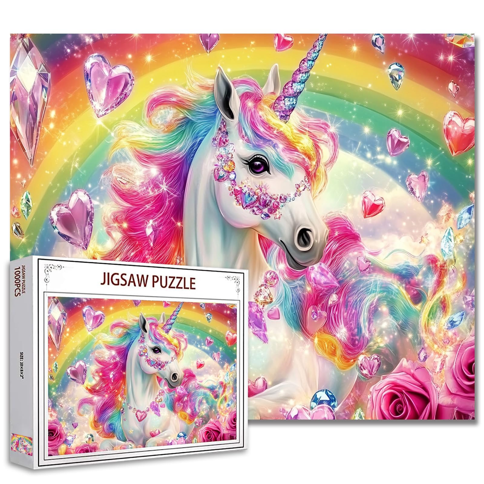 1000 Piece Jigsaw Puzzles for Adults Colorful Rainbow Unicorn Jigsaw Puzzle Unicorn Sparkling Heart Gemstones Roses 1000 Pieces Puzzles Fantsy Unicorn Horse Wall Decor DIY Craft Puzzle Decor Art