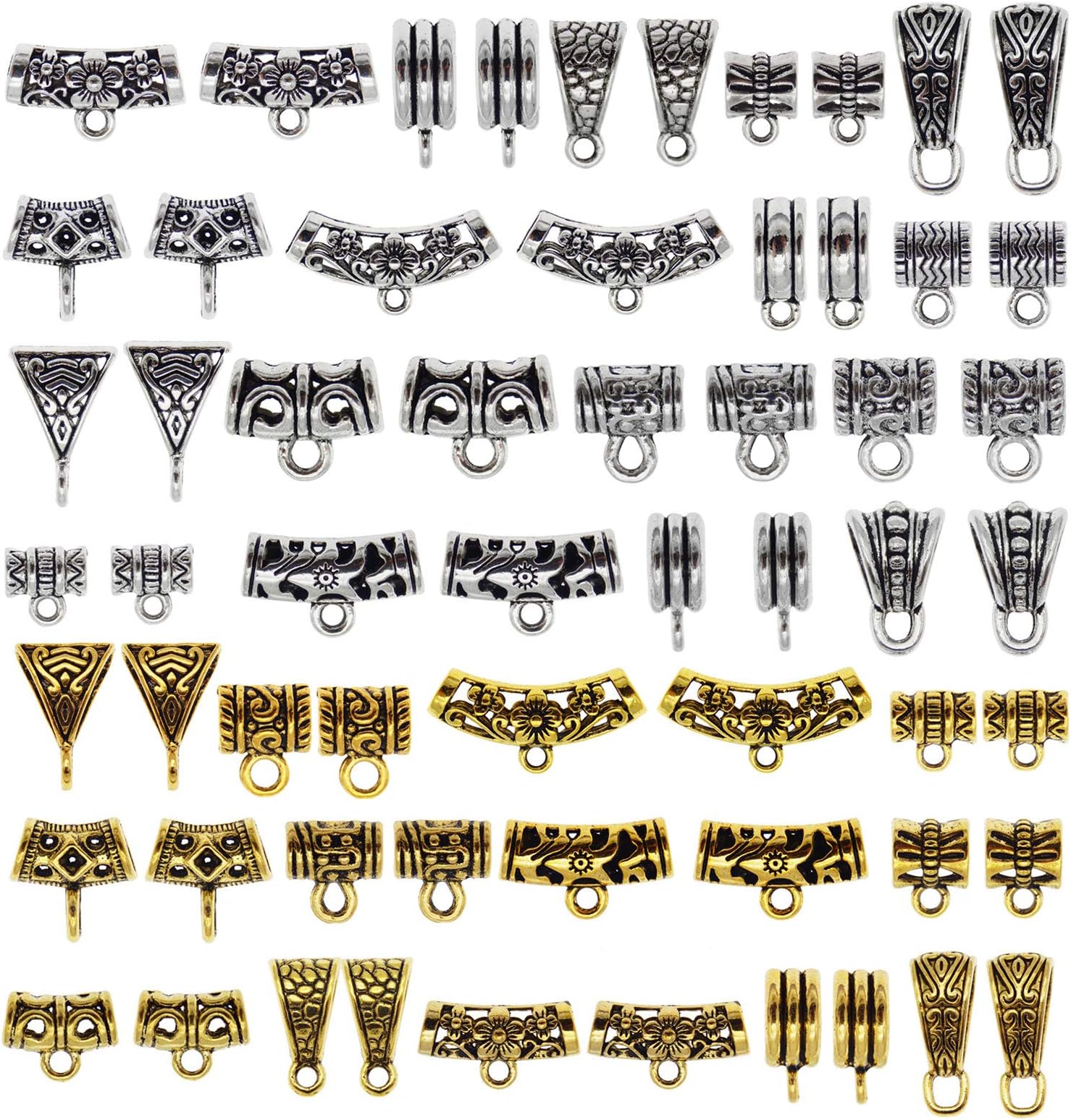 150pcs Mixed Tibetan Silver Gold Tube Bail Pendant Spacer Bead Hanger with Loop Charm Holder for Jewelry Making