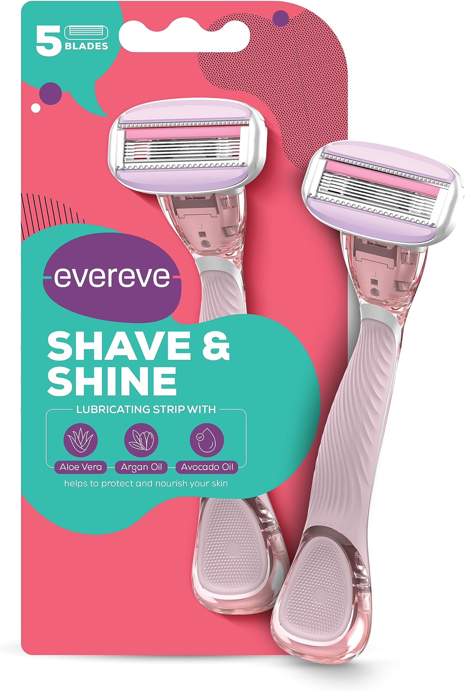 Shave & Shine 5 blade Razor for women, 1Pc, Quick & Easy hair removal with Aloe Vera, Argan Oil & Vitamin E, Flexible & rounded head, Non-slip rubber handle