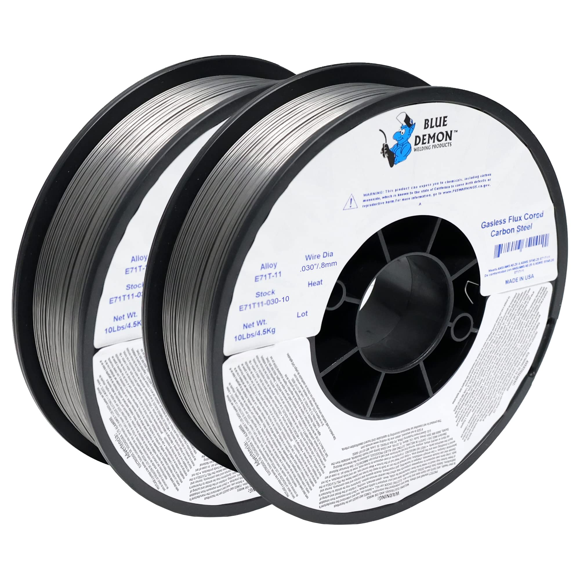 Blue Demon E71T11 X .030” X 10 LB X 2 Pack MIG/GMAW Gasless Flux Core Carbon Steel Welding Wire, All Position, Easy Slag Removal, Formulated to Provide Porosity-Free, X-Ray Quality Welds