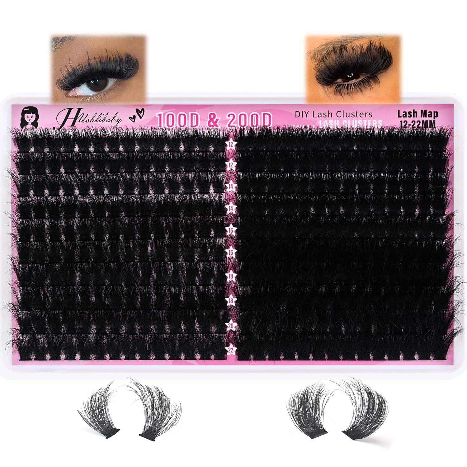 Lash Clusters 100D+200D Mega Thick Lashes Clusters 12-22mm Wispy Individual Thick Volume Lashes Cluster Eyelash Extensions 280Pcs DIY Lash Extension at Home, by Hushlibaby(Plant Fiber)