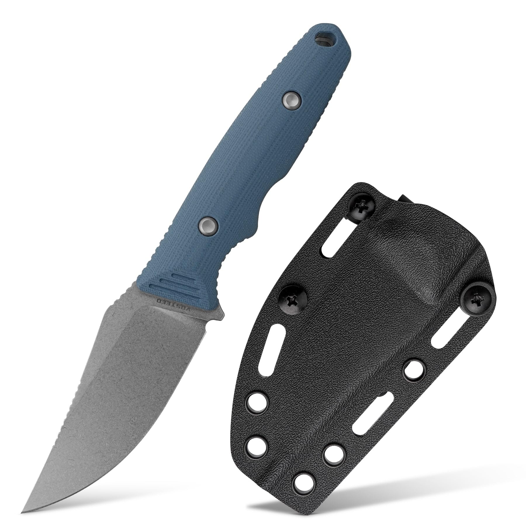 Vosteed H-Back EDC Fixed Blade Knife - 2.92" Nitro-V Blade with Sheath, Stonewash - Blue G10 Handle with S.O.A.R. Clip for Hunting, Survival Knives - D0405