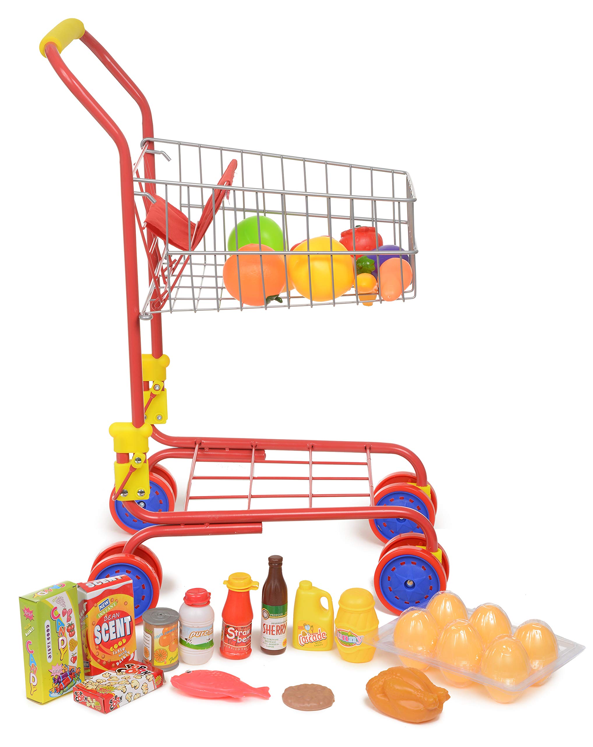 Shop 'N' Go Toy Shopping Cart for Kids and Toddler - Includes Food - Folds for Easy Storage - with Sturdy Metal Frame Pretend Play Food Role Play, Educational Toy - with 36 pc Play-Food and