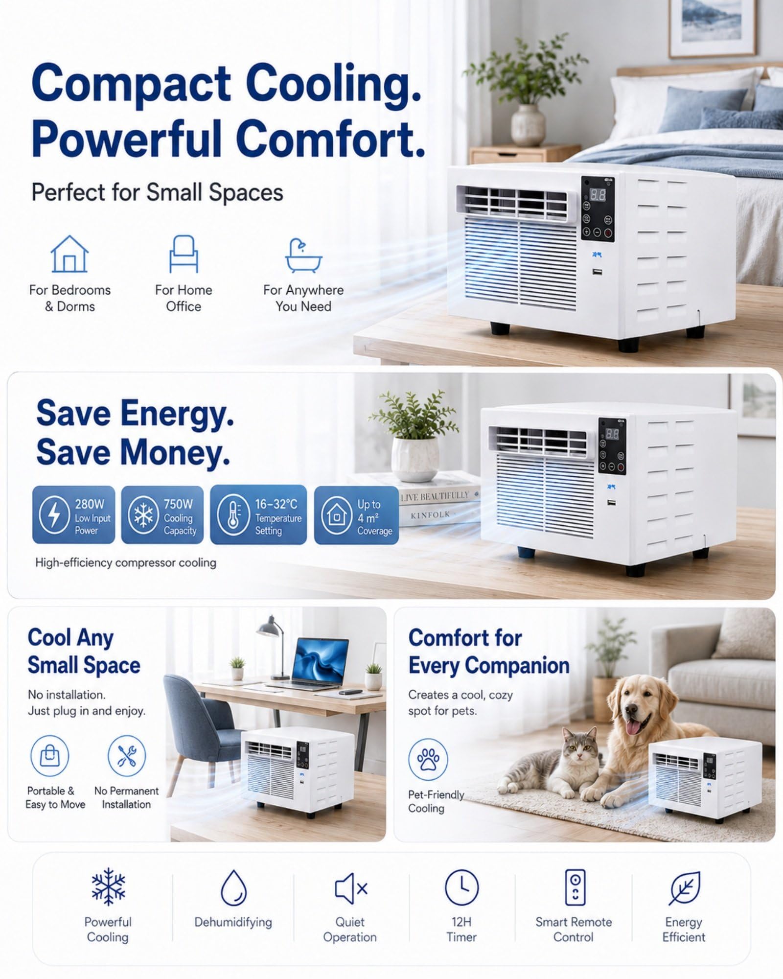 Aire Acondicionado Portátil 750W para 4m² con Tubo de Salida, Dormitorios, Oficinas, Estudios | Ruido De 24–35db, Temporizador 1–12h, Control Remoto, Modos FríO Seco VentilacióN
